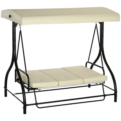Outsunny Convertible Patio Swing Bed with Canopy and Cushions, 3 Seater Porch Swing for Outdoor, Backyard, Garden, Beige 
