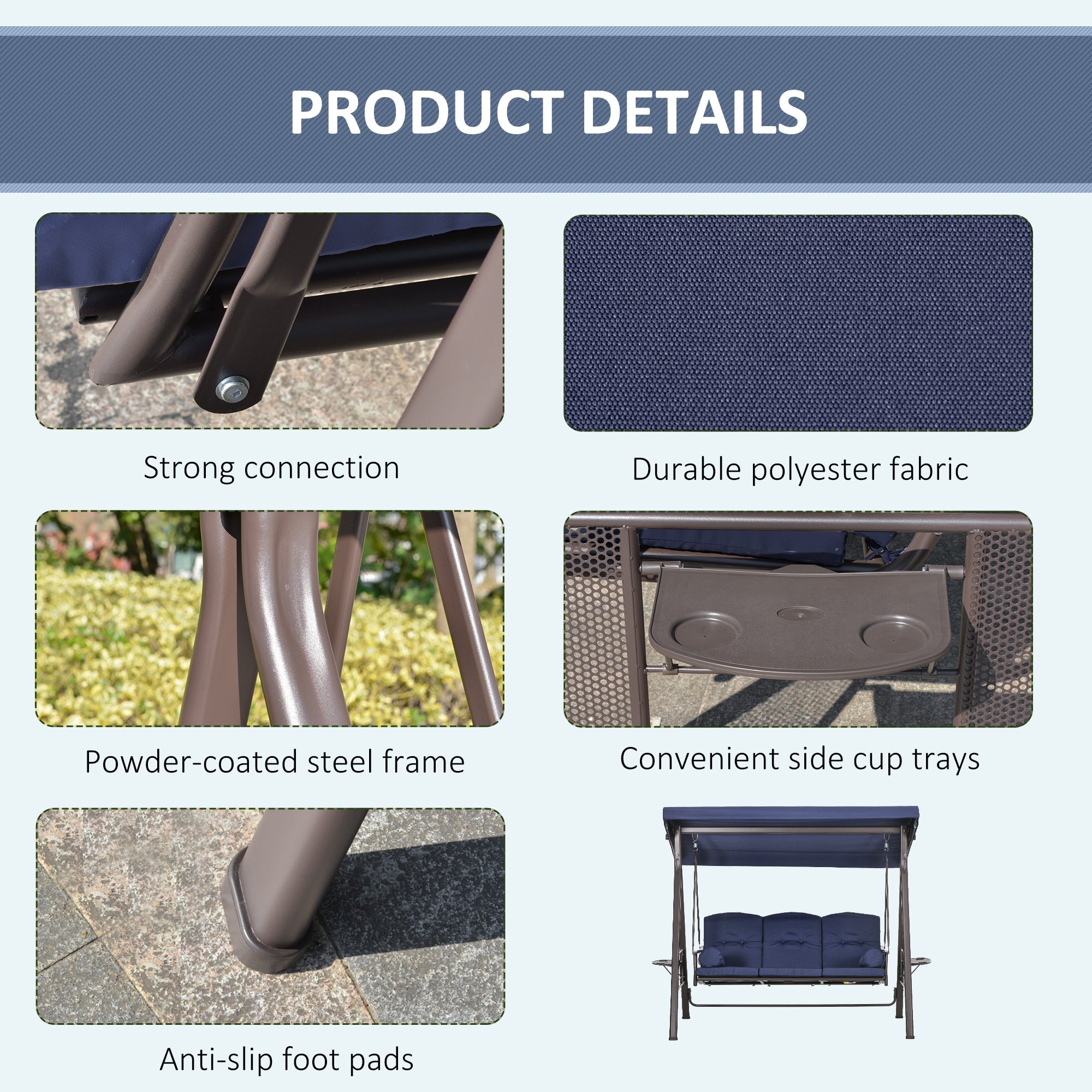 Outsunny Outdoor Patio 3-Person Steel Canopy Cushioned Seat Bench Swing with Included Side Trays & Padded Comfort, Dark Blue 