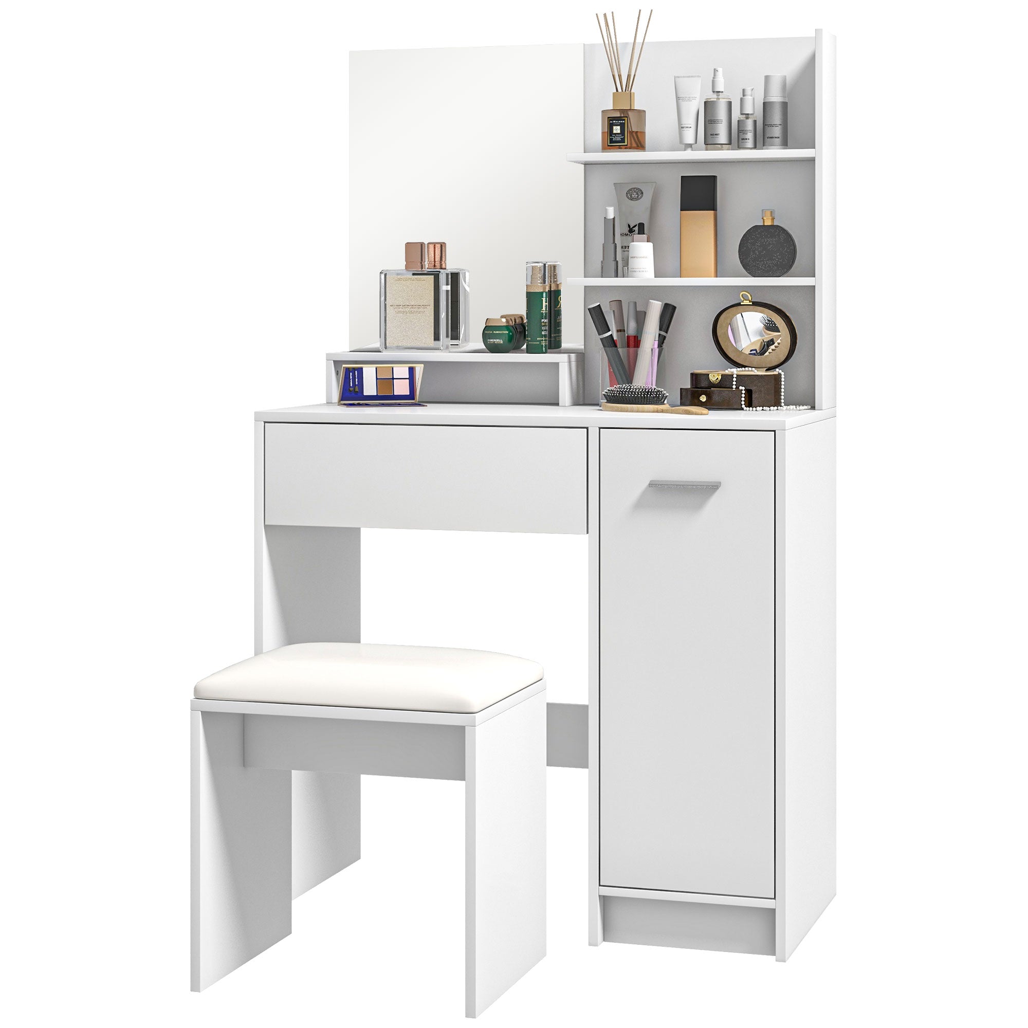 HOMCOM Vanity Set with Mirror and Stool, Makeup Vanity Table with Storage Drawer, Cabinet, Adjustable Shelf for Bedroom, White 