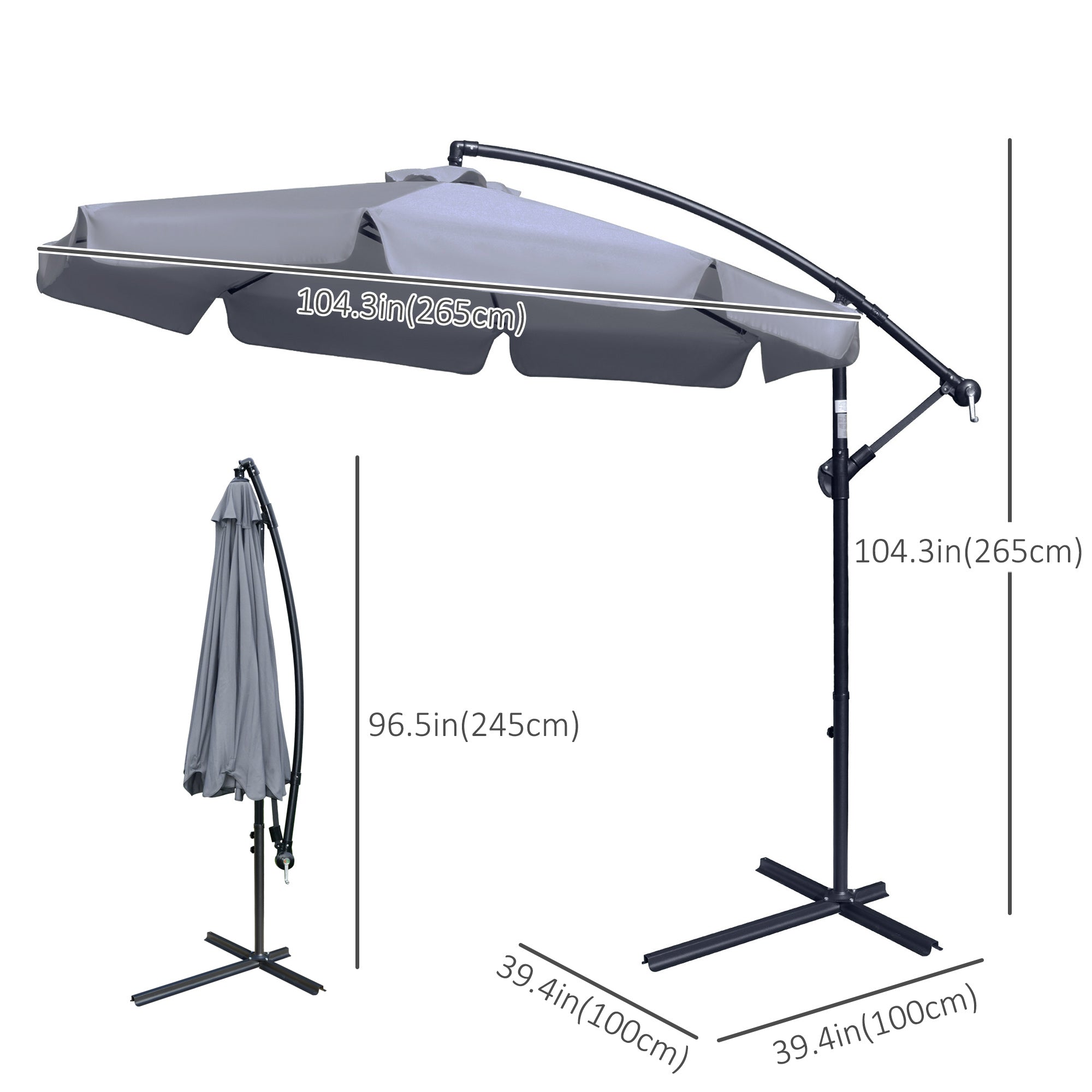 Outsunny 9FT Offset Cantilever Patio Umbrella: Dark Grey Easy Tilt Cross Base 8 Ribs UV Protection Outdoor Sun Shade 