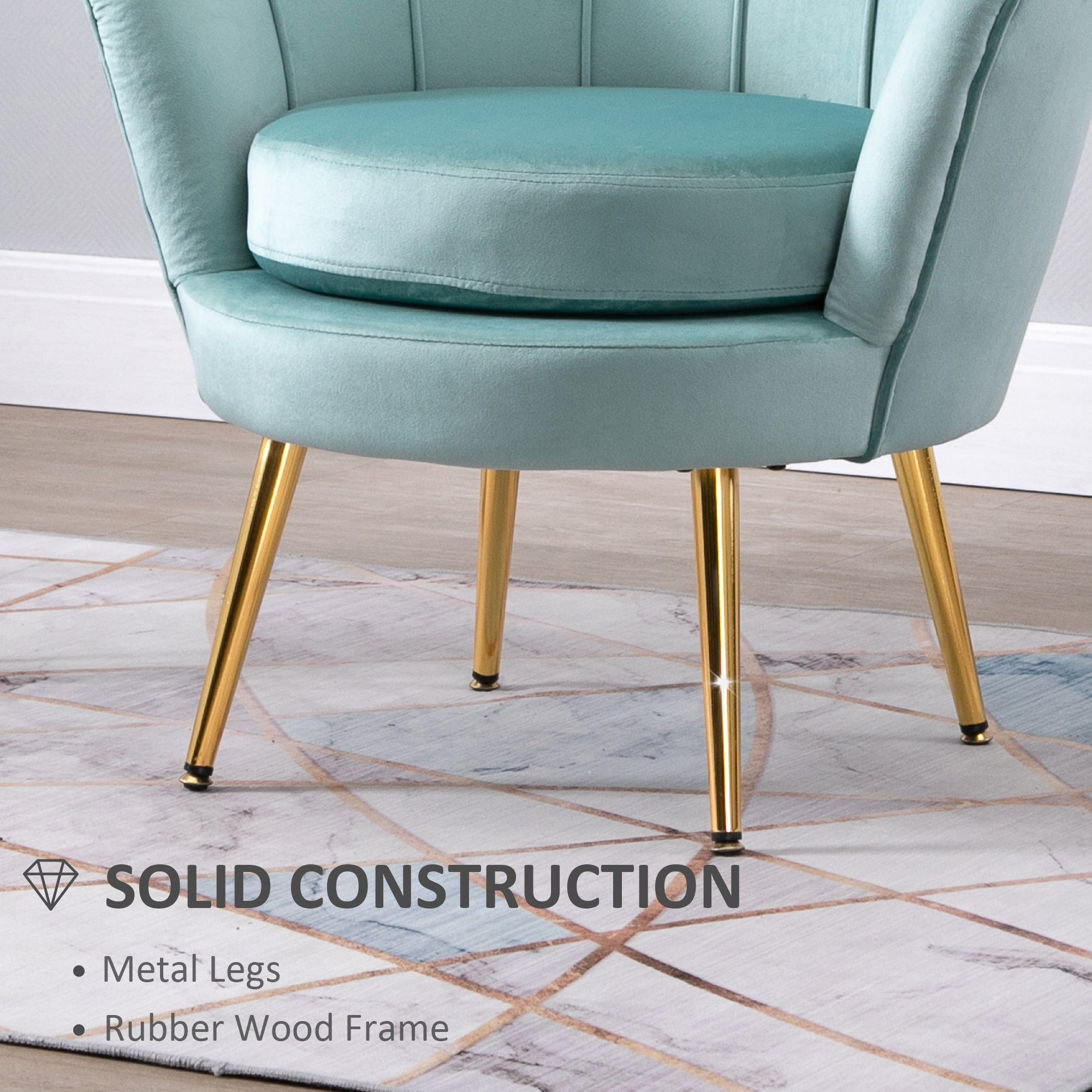 HOMCOM Velvet-Touch Fabric Accent Chair Modern Leisure Club Chair with Gold Metal Legs Green for Bedroom 