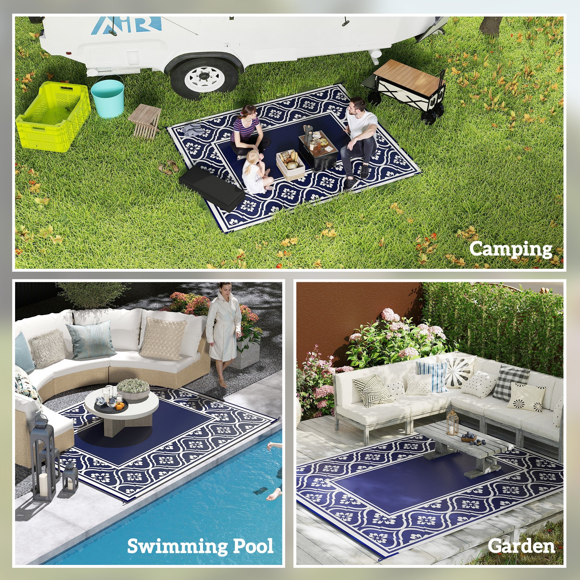 Outsunny 8' x 10' Outdoor RV Rug, Reversible Patio Floor Mat with Carry Bag, Gourd Border, Blue and White 