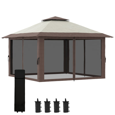 Outsunny 13' x 13' Pop Up Canopy, 2-Tier Roof Easy up Tent Shelter with Nettings Carry Bag Weight Bags for Garden, Patio, Beige 