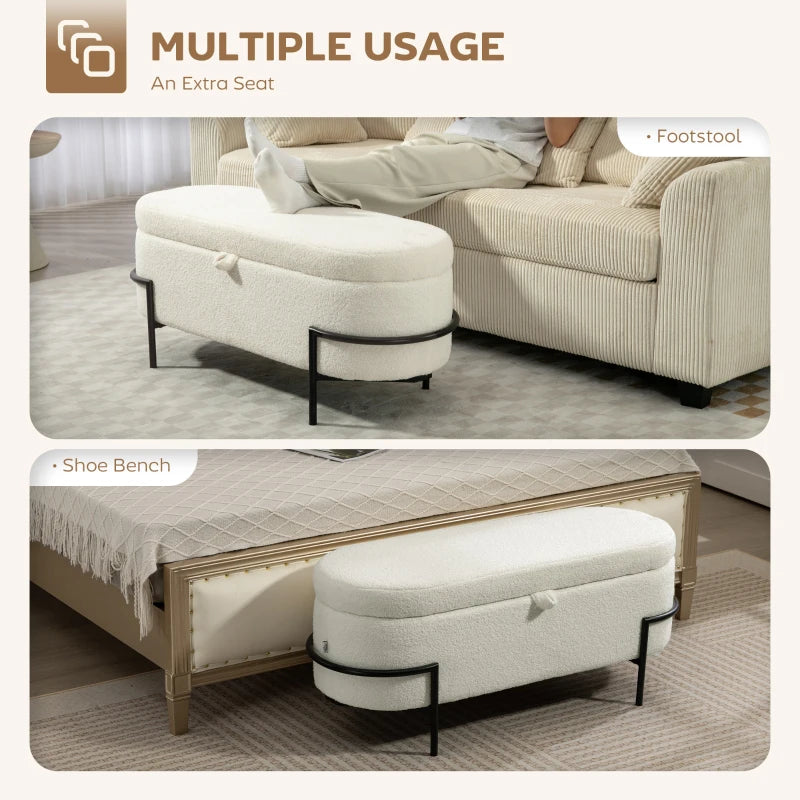Storage Ottoman with Lift-Up Lid and Steel Legs, 45 Inches Sherpa Fleece Storage Chest for Living Room, Cream White