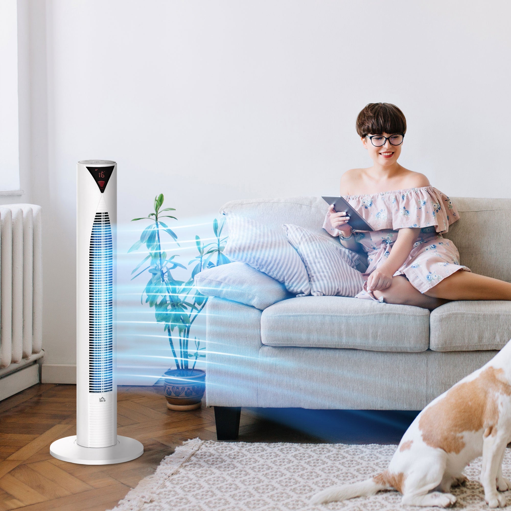 HOMCOM Tower Fan Oscillating 3 Speed 12h Timer LED Remote Control Cooling for Bedroom Home White 