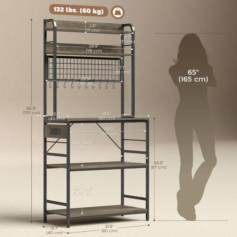 Kitchen Baker's Rack with Power Outlet and LED Light, 5-Tier Coffee Bar Station with 10 Hooks, Grey
