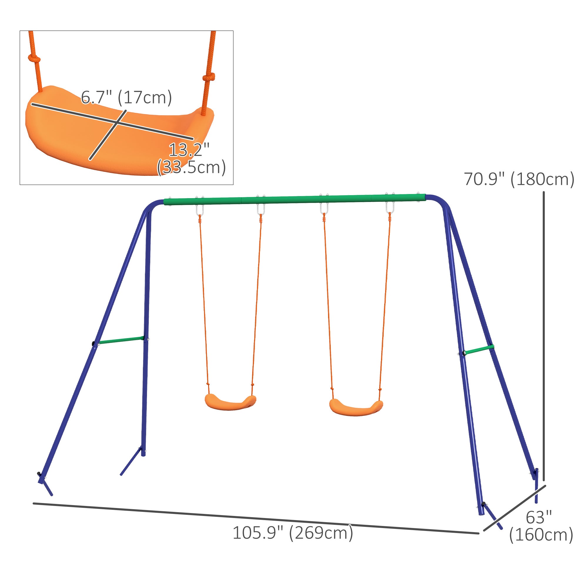 Outsunny Kids Swing Set Outdoor Metal Frame Double Swing Seats 1-2 Children 3-8 Years Playground 