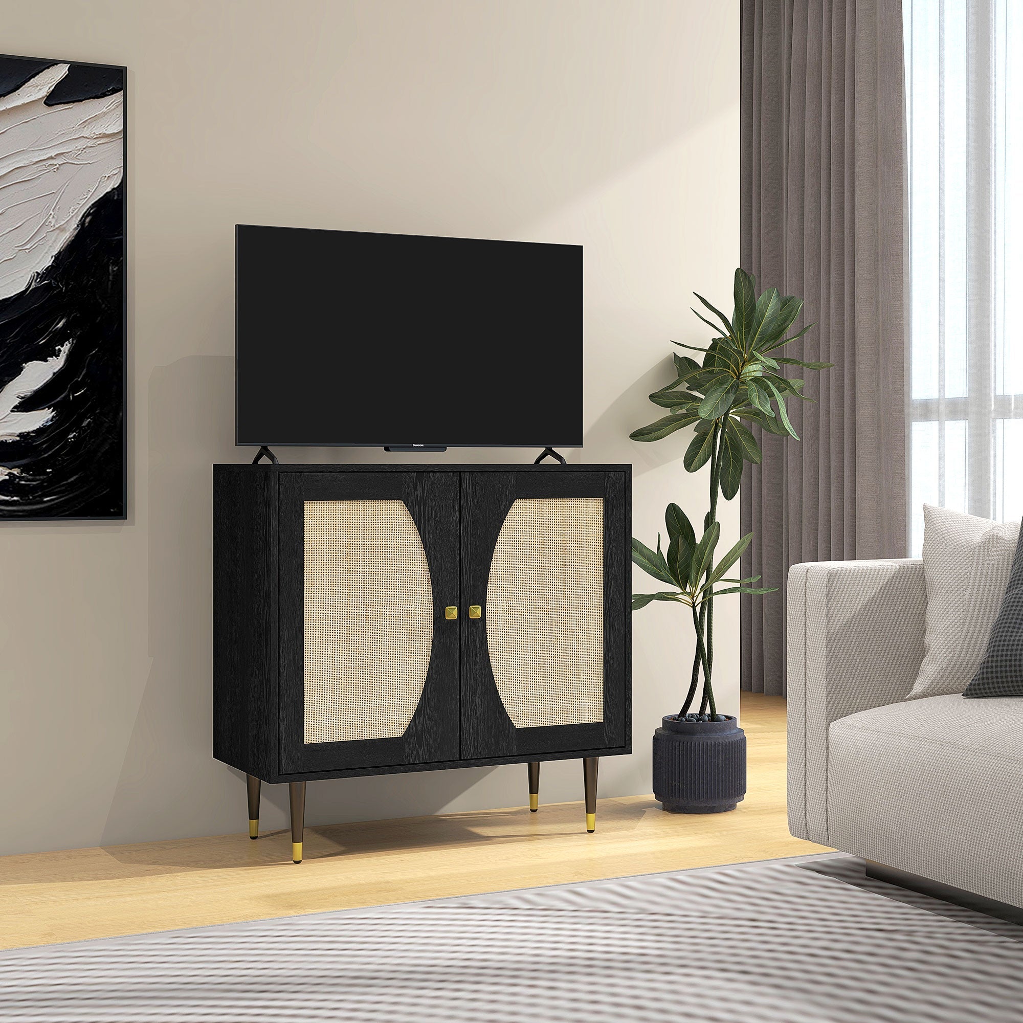 HOMCOM Boho Black TV Stand Cabinet: Buffet with Rattan Doors, Adjustable Shelf & Space for TVs up to 42 Inches 