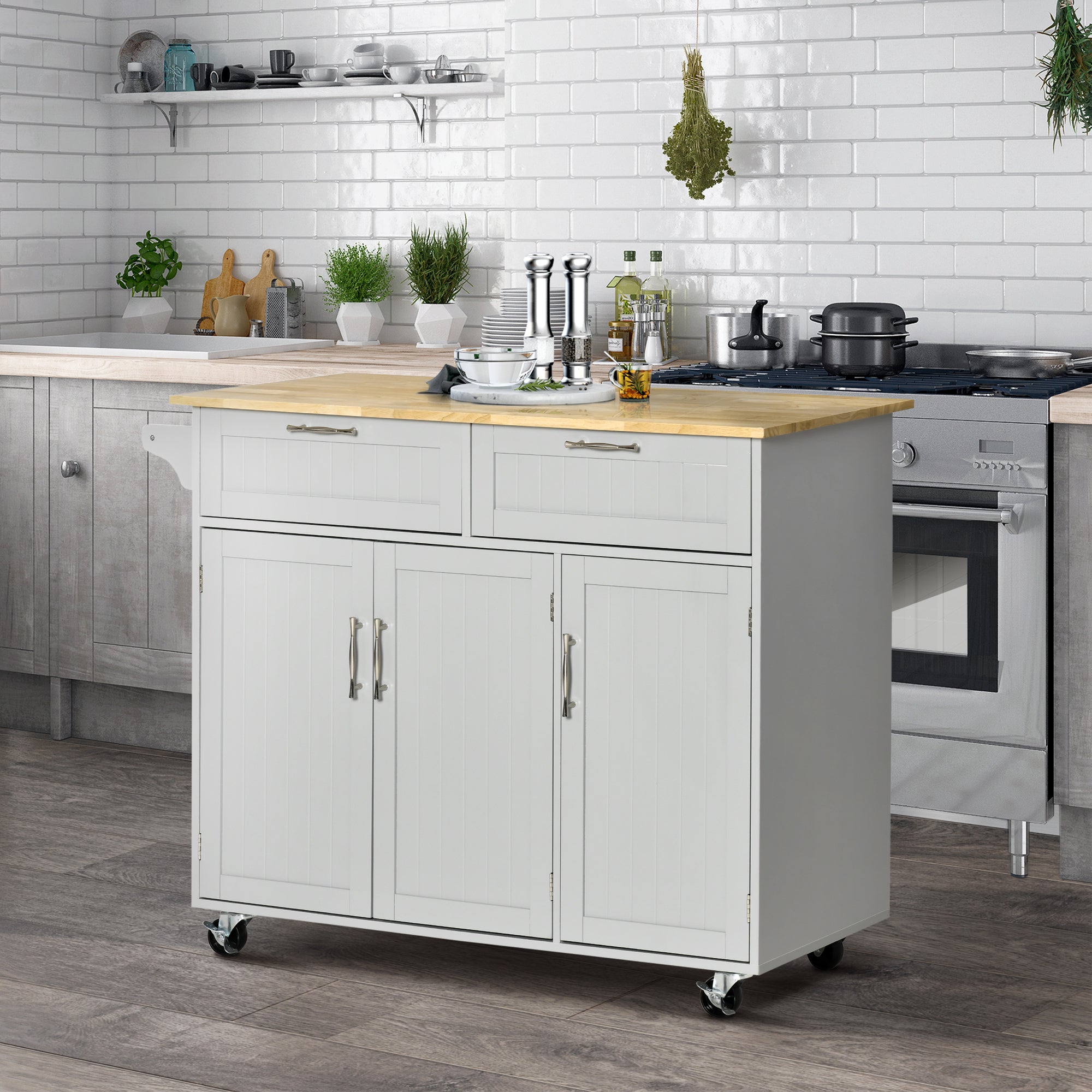 HOMCOM Multifunctional Kitchen Serving Station: Rolling Island Cart with 2 Drawers, Cabinets & Grey Finish 