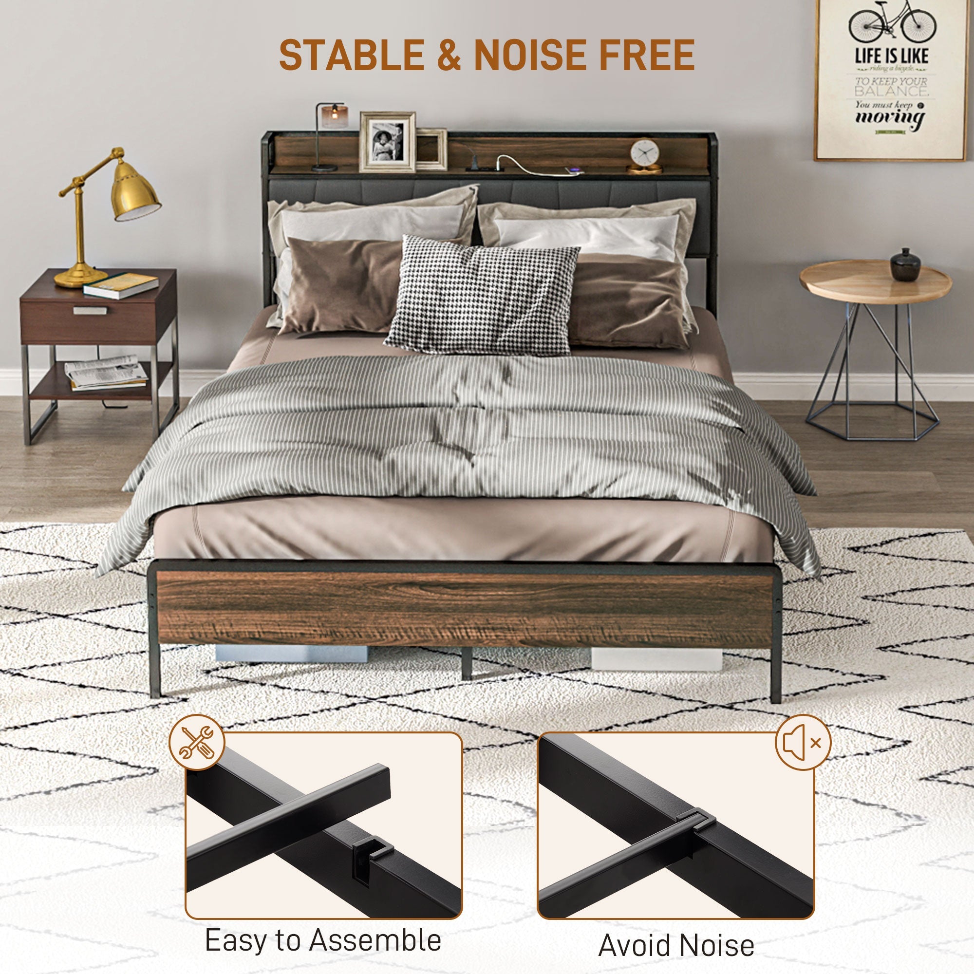 HOMCOM Full Size Bed Frame with Charging Station, Full Bed Frame with Upholstered Headboard and Storage Shelf, Walnut 