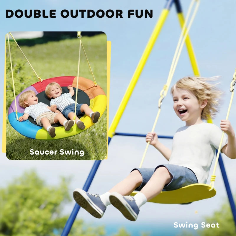 Qaba Kids Swing Set with Double Swings, Outdoor Playset with Adjustable Ropes, Metal Frame for Ages 3-8, 150 Capacity