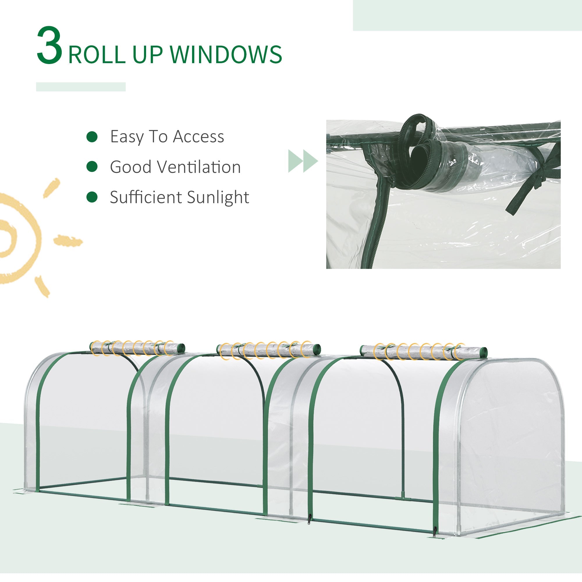 Outsunny Portable Mini Tunnel Greenhouse 10' x 3' x 2.5' with 3 Zipped Doors Clear Easy Assembly 