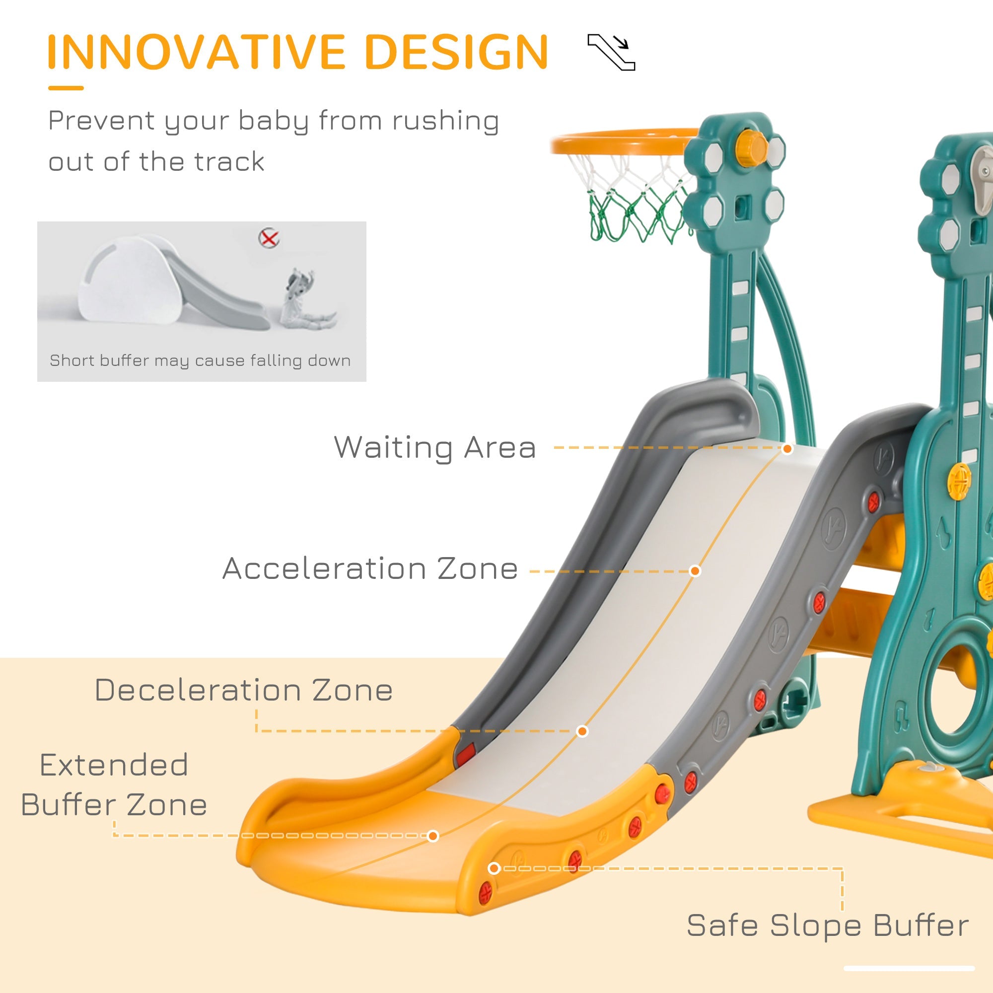 Qaba 3-IN-1 Kids Swing and Slide Set with Basketball Hoop Slide Swing Adjustable Seat Height Toddler Playground Activity Center 