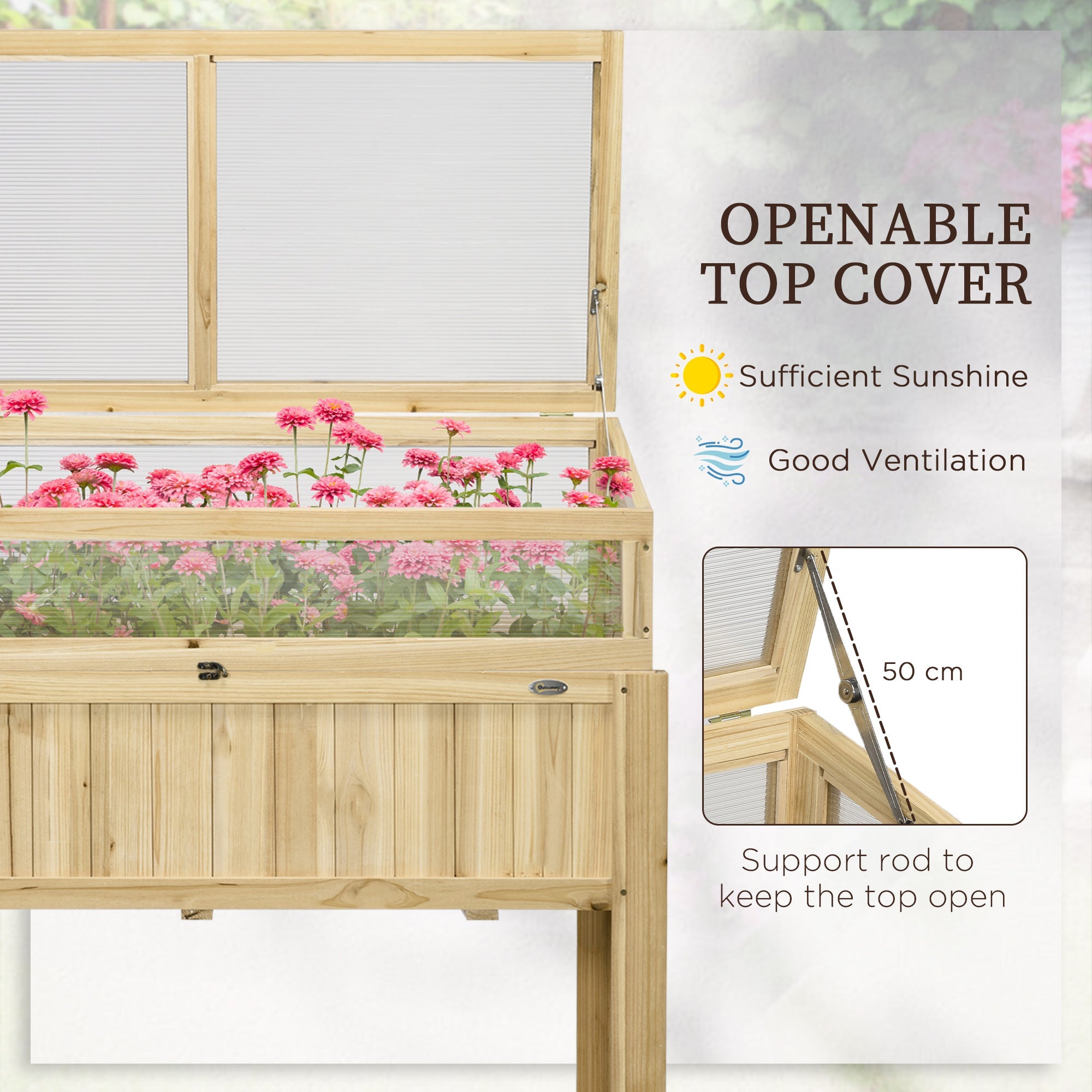 Outsunny Outdoor Raised Garden Bed with Cold Frame Greenhouse Storage Shelf Wooden PVC Elevated Planter Box Natural 