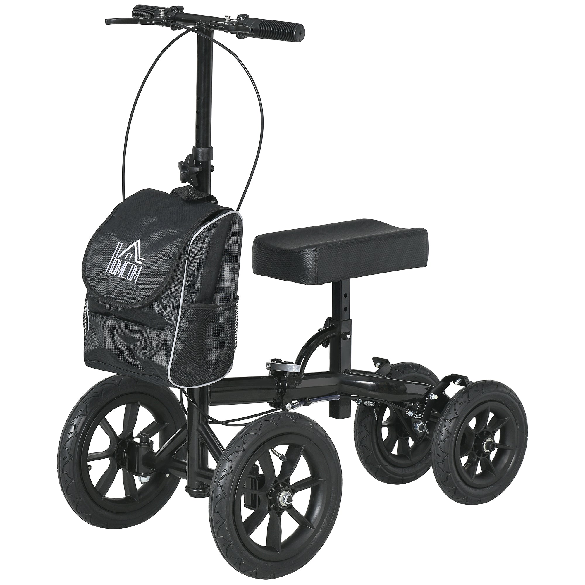 HOMCOM Knee Walker Steerable Scooter Foldable Crutch Alternative Dual Brakes Rubber Wheels Adjustable Height Black 