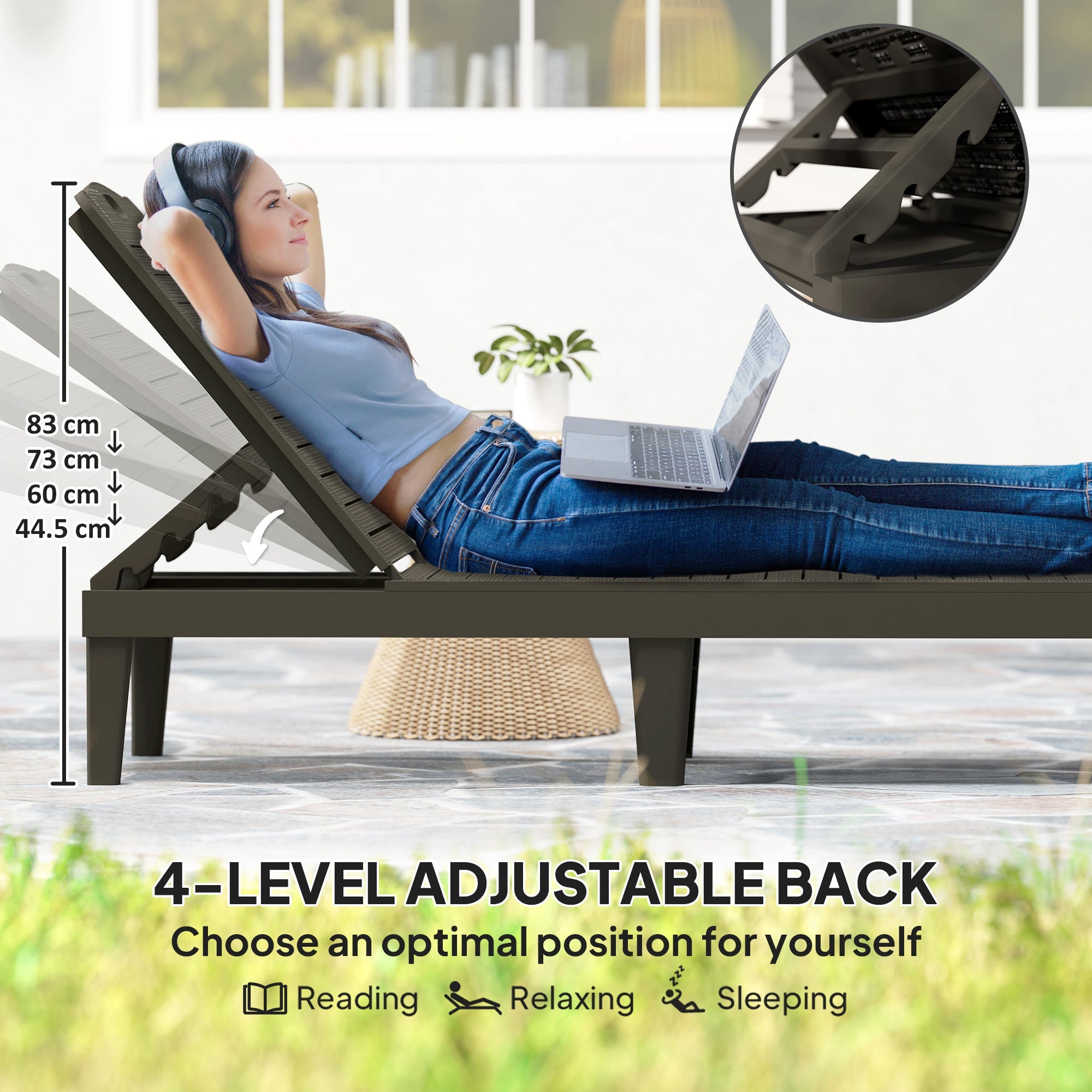 Outsunny Set of 2 lounger chair, Waterproof Resin Exterior Lounge Chairs with 4-Position Adjustable Backrest for Backyard, Black 