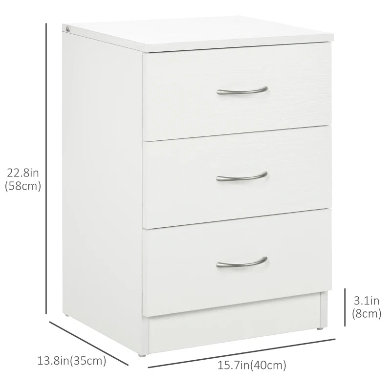 Bedside Table with 3 Drawers, Modern Wood Nightstand, Side Table with Anti-tipping Design for Bedroom, White