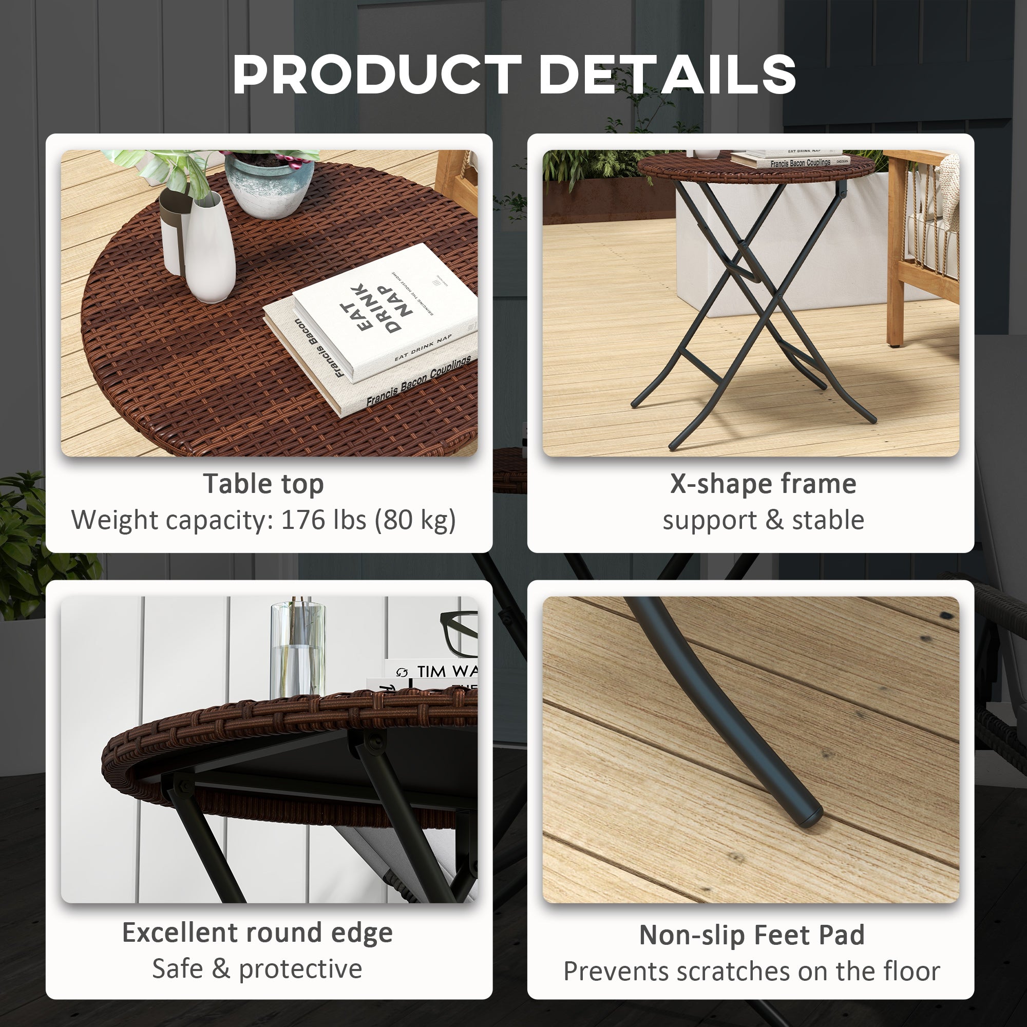 Outsunny Foldable Rattan Side Table Outdoor PE Wicker End Table Φ23.6" x 27.6" H Brown Patio Furniture 