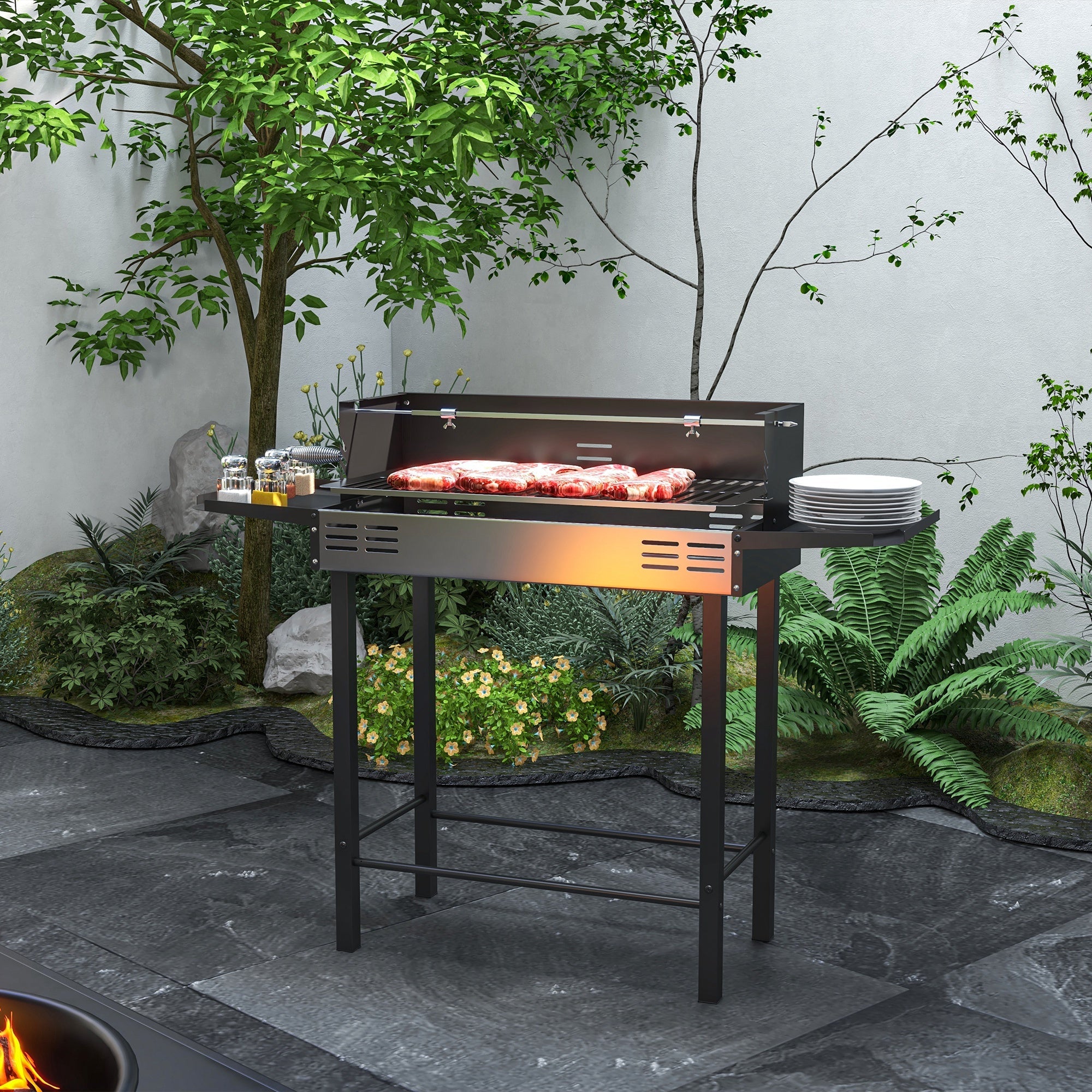 Outsunny BBQ Rotisserie Grill Charcoal, Split Roaster for Chicken Turkey, 3-Level Grill Grate, Storage Shelves, Stainless Steel 