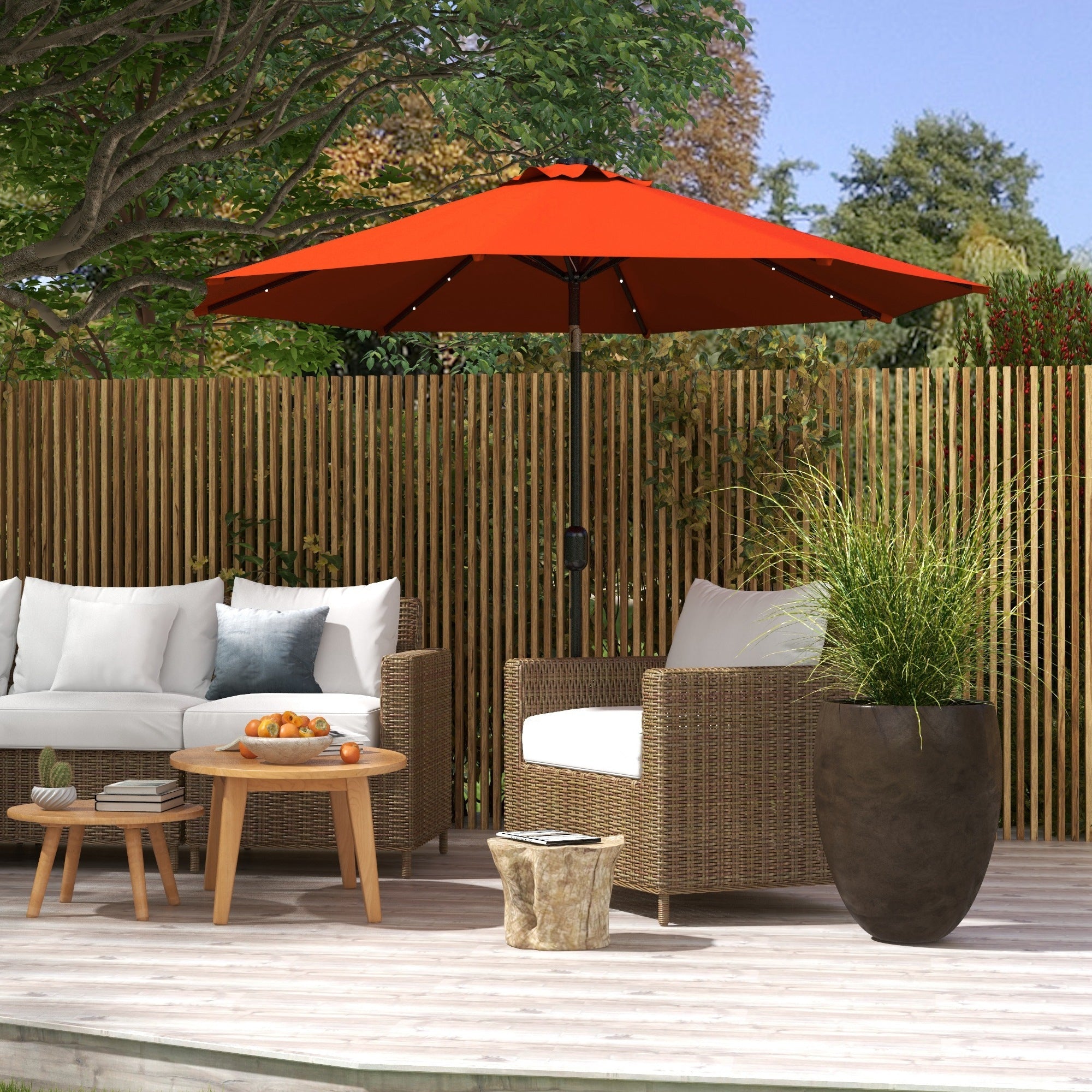 Outsunny 9ft Solar Patio Umbrella Outdoor Sunshade 24 LED Lights Tilt Canopy Orange 