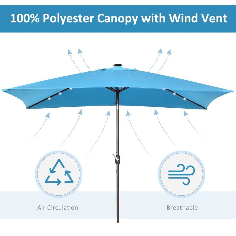6.5x10ft Patio Umbrella Rectangle Solar Powered Tilt Aluminum Outdoor Market Parasol with LEDs Crank (Turquoise)
