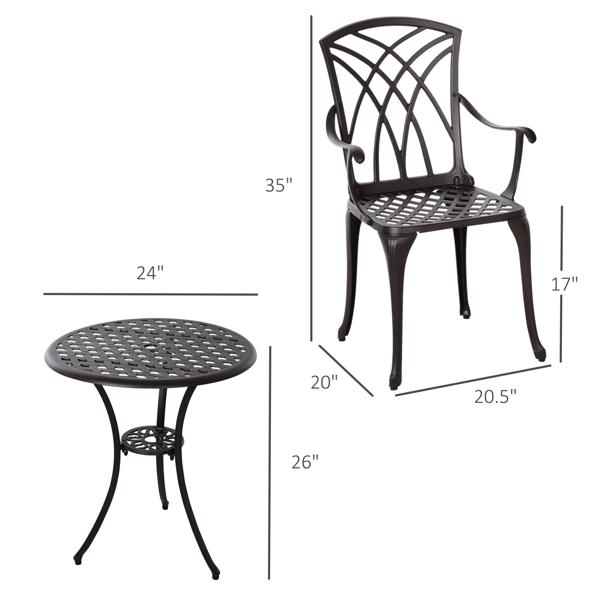 Outsunny 3 Pieces Patio Furniture Set, Outdoor Garden Conversation Set with Coffee Table, 2 Chairs and Umbrella Hole, Brown 