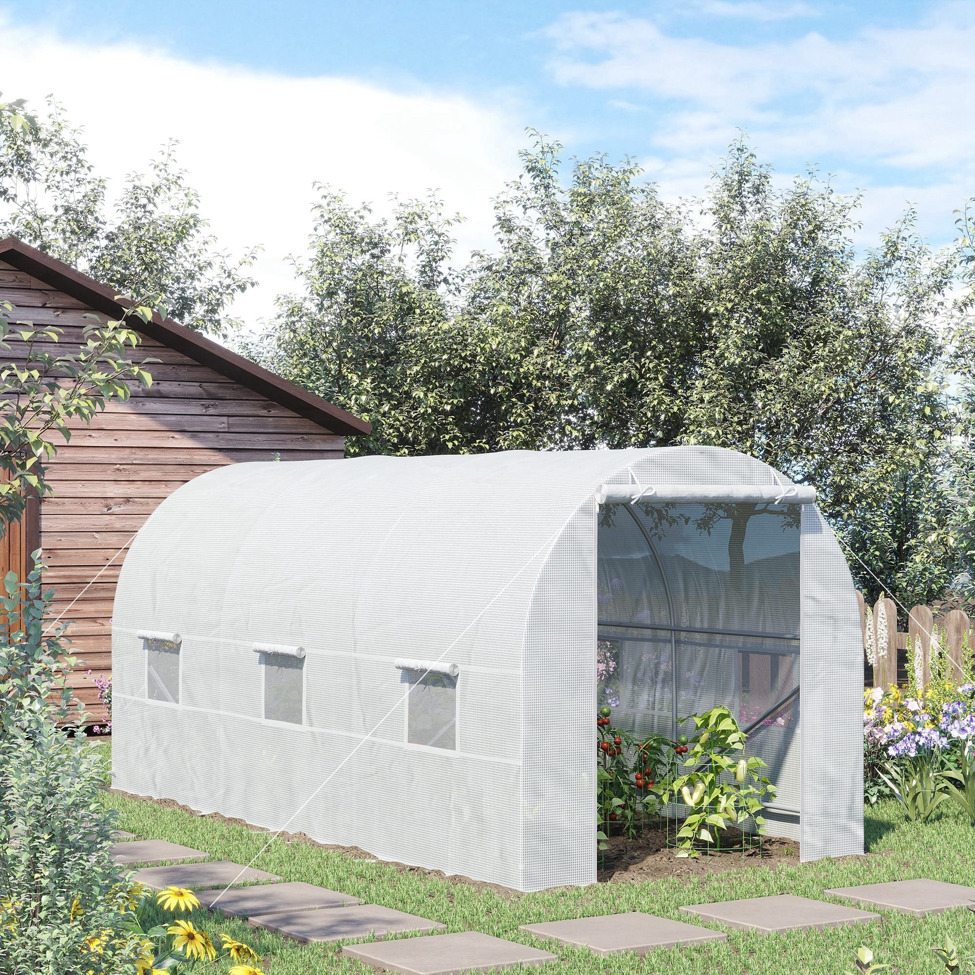 Outsunny Portable Walk-in Tunnel Greenhouse 14.8x6.6x6.6ft with Door and Ventilation Window for Garden Plant Growing White 