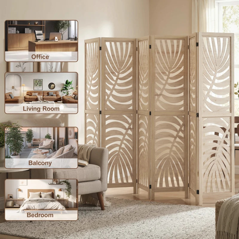 6 Panel Room Divider, Detachable Folding Privacy Screens with Palm Leaf Design for Home Office, Natural Wood
