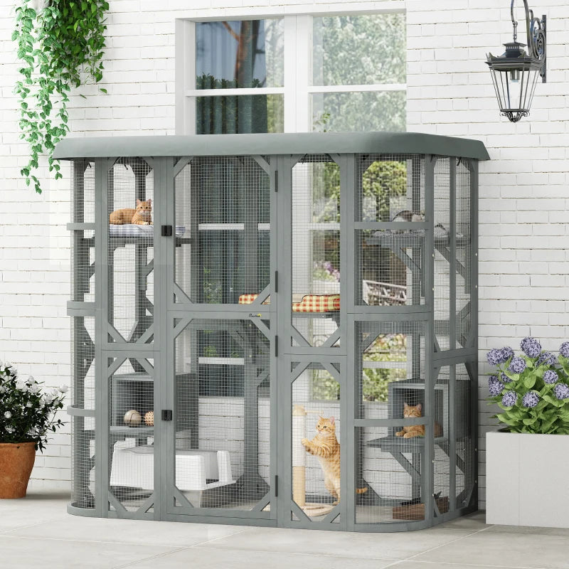 Catio Outdoor Cat Enclosure, 71" Wooden Cat House with Platforms, Condos and Waterproof Cover for 2–3 Kittens, Grey