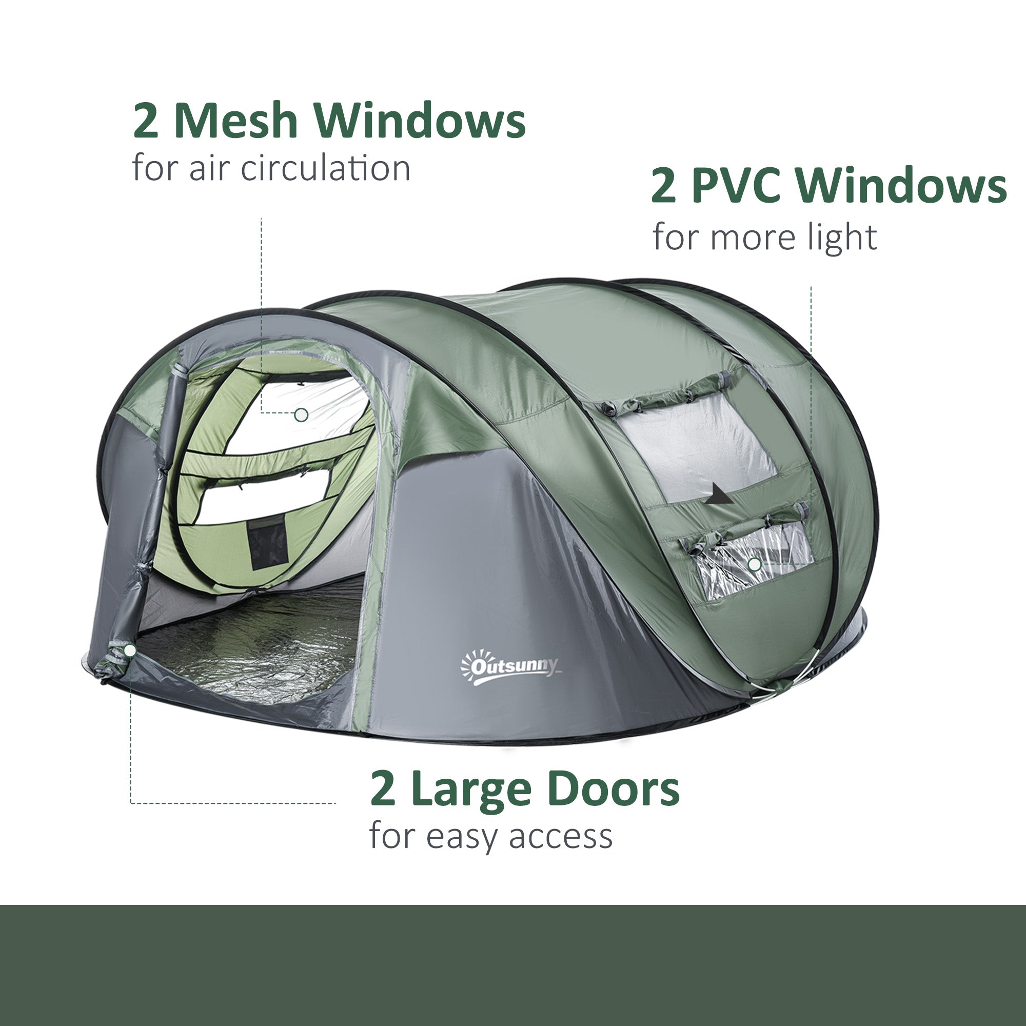 Outsunny 5 Person Camping Tent, Easy Pop Up Tent with Doors, Windows and Carry Bag, Automatic Setup Tent for Hiking, Dark Green 