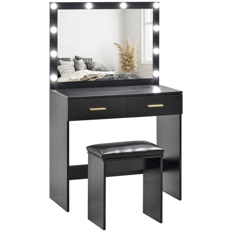 HOMCOM Makeup Vanity Desk Set with Stool, LED Lighted Mirror, 2 Drawers, Modern Dressing Table