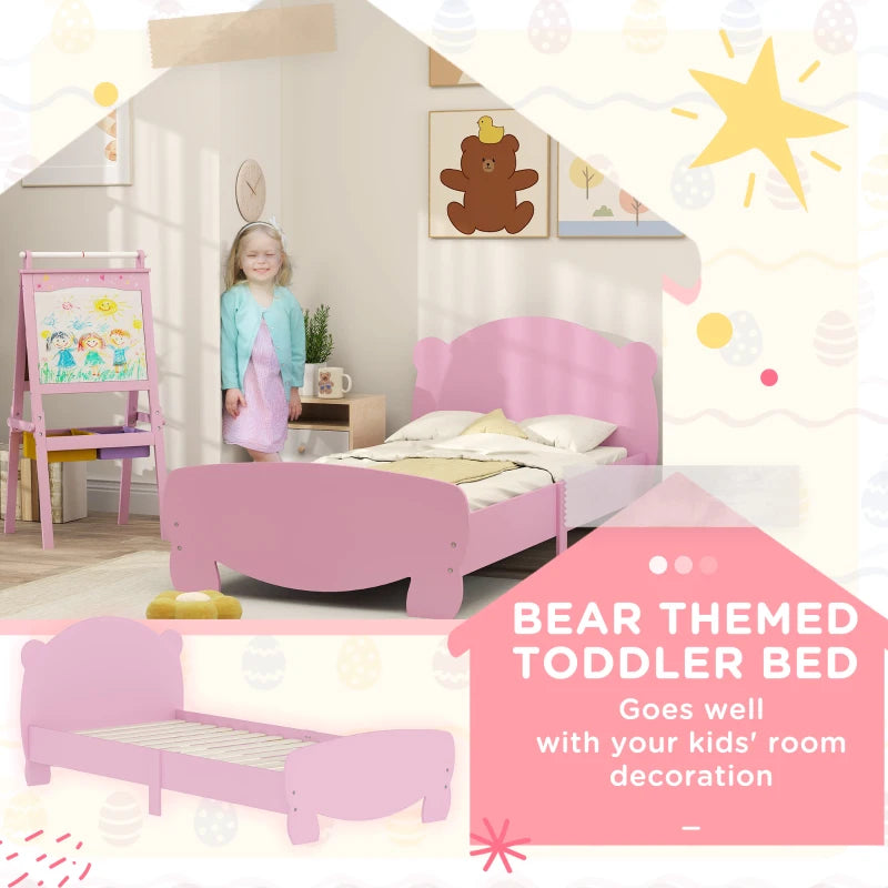Qaba Twin Bed Frame with Bear Shaped Headboard & Footboard, Slats Support, No Box Spring Needed, for Boys, Girls, Pink