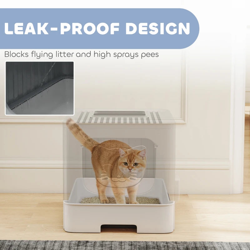 Foldable Cat Litter Box with Lid, Slide-Out Drawer, Scoop, Easy Clean, Odour Control, Anti-Splashing, Grey