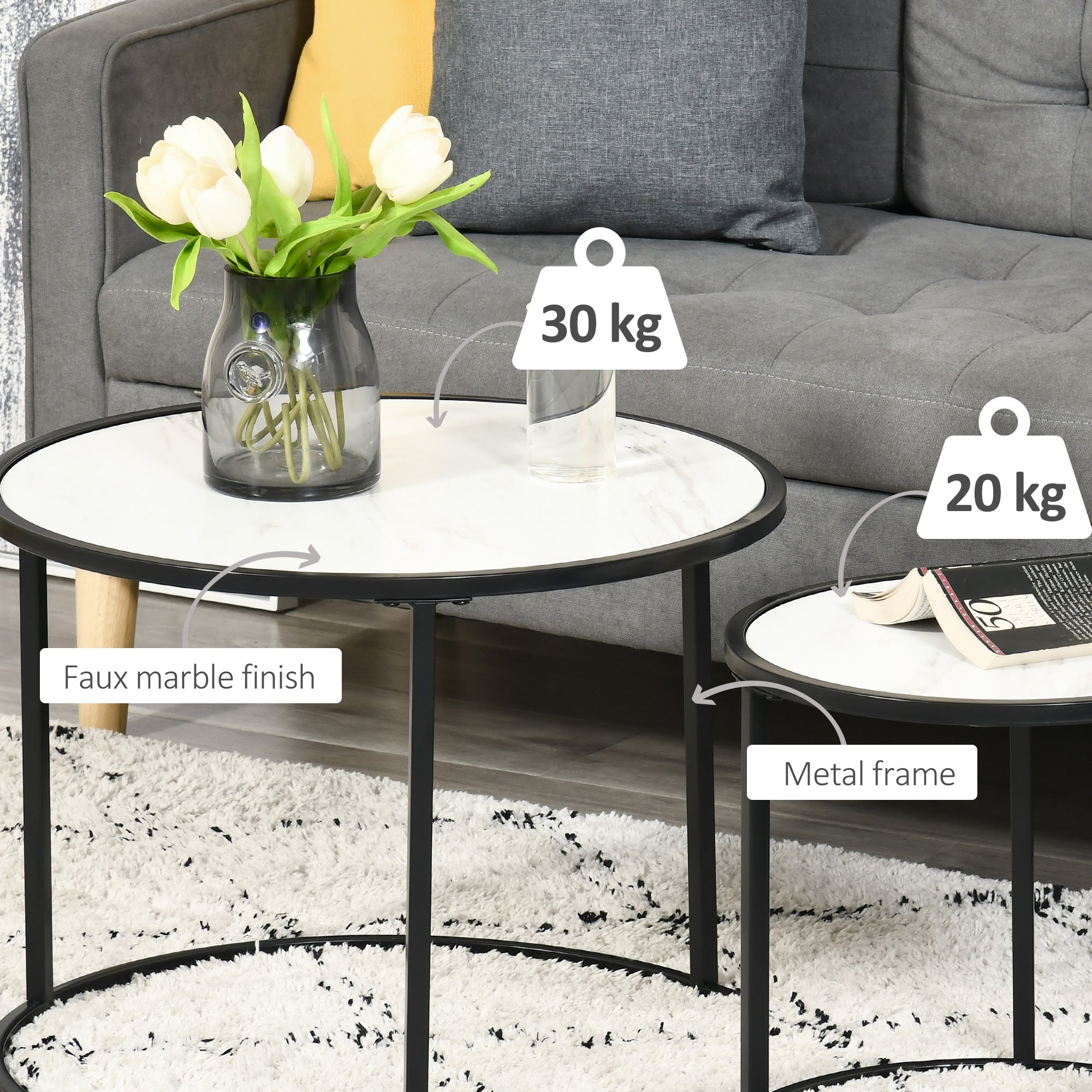 HOMCOM Round Nesting Coffee Table Set of 2 Stacking Modern Accent Tables Faux Marble Tabletop Metal Frame White 