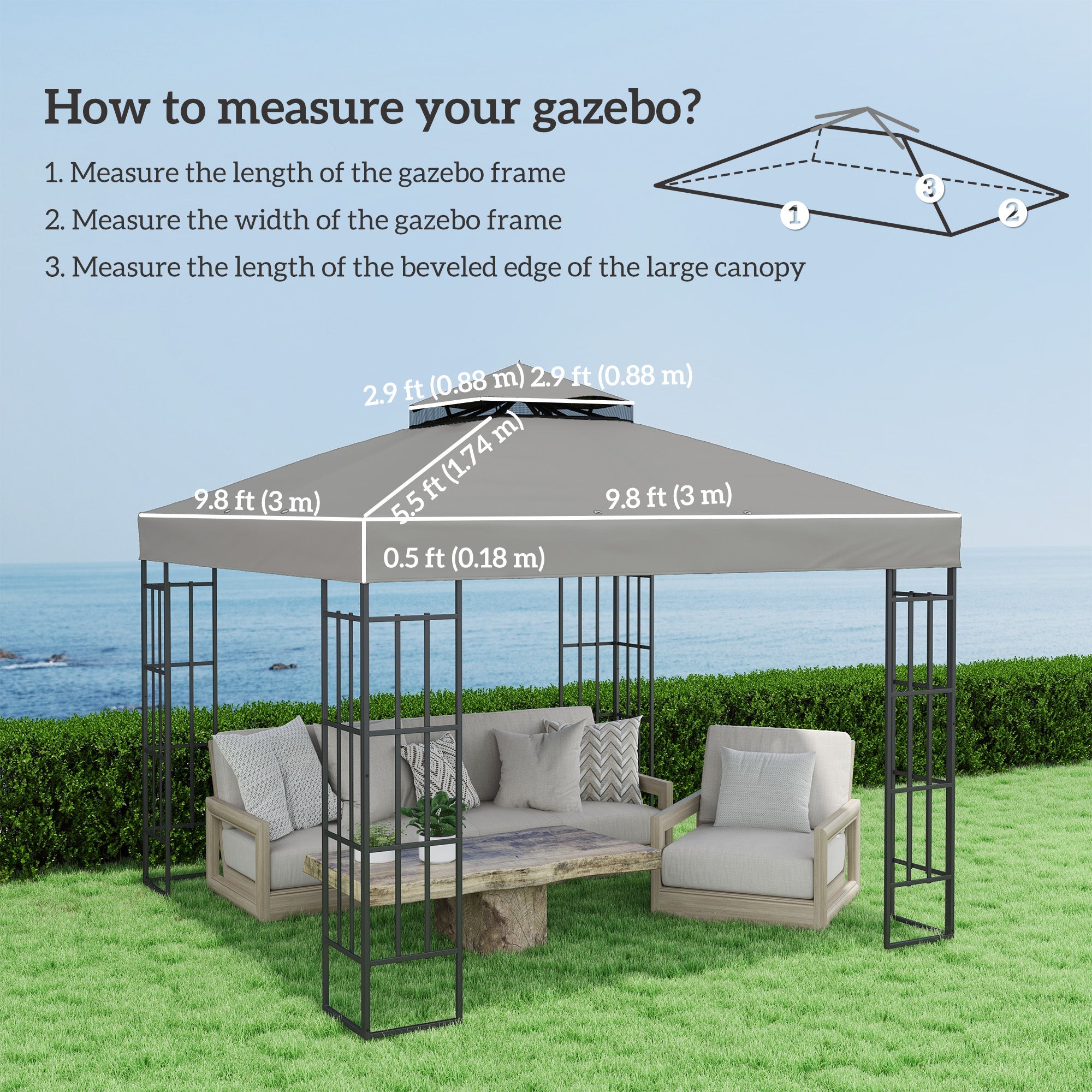 Outsunny 10' x 10' Gazebo Canopy Replacement Cover, 2-Tier Garden Gazebo Roof Replacement, UPF30+, TOP COVER ONLY, Grey 