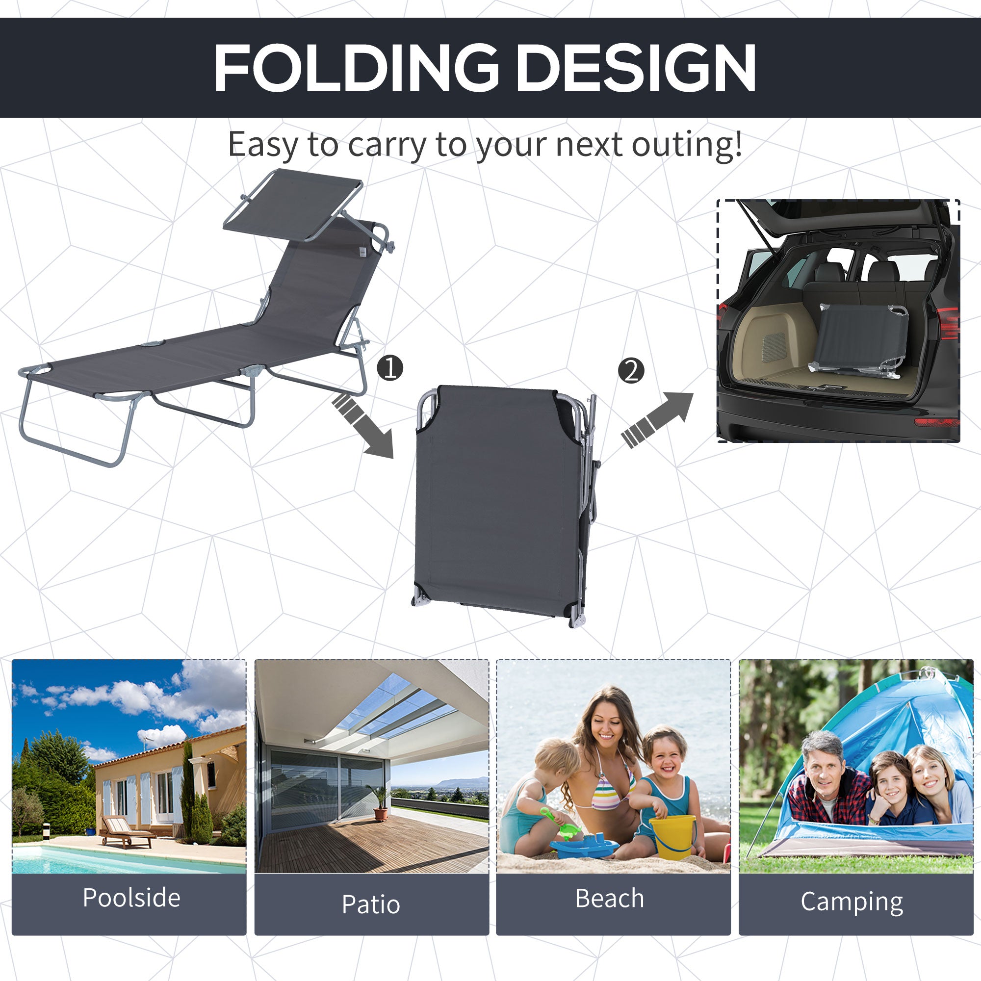 Outsunny Adjustable Garden Outdoor Lounge Chair, Folding Chaise Lounge Bed, Reclining Portable Tanning Chair Seat with Sun Shade, Grey 