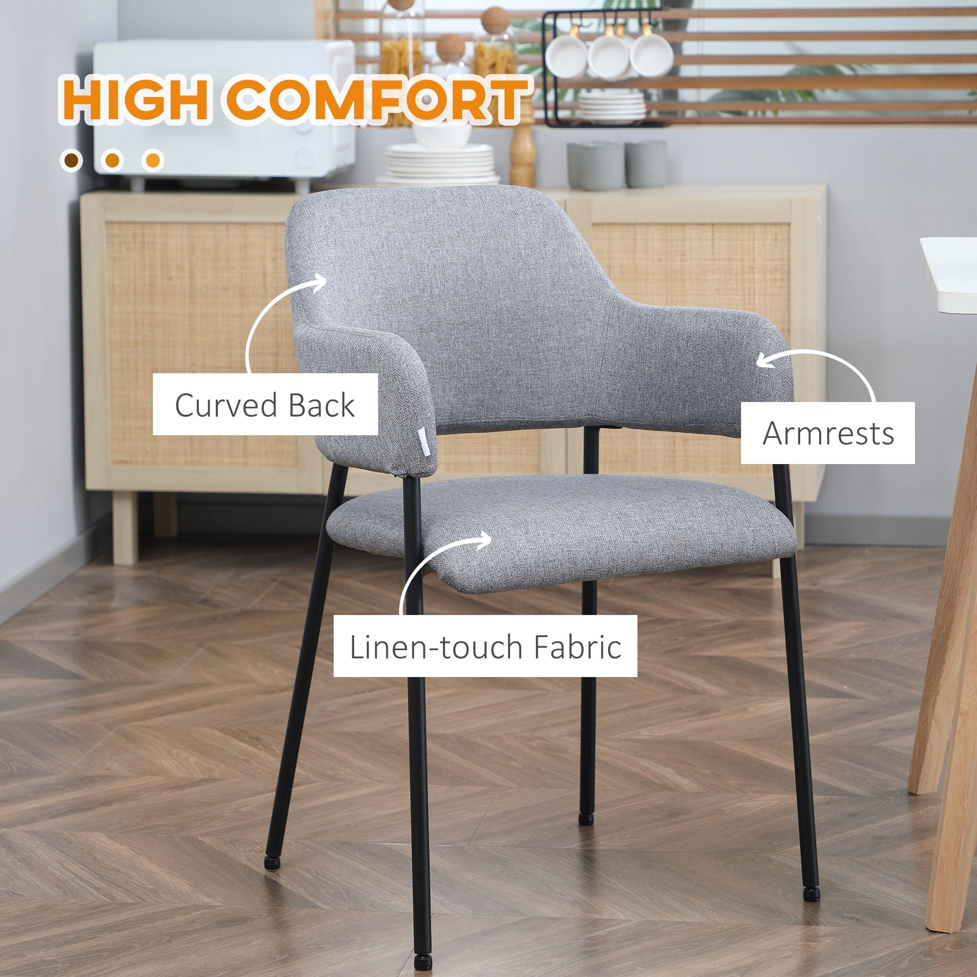 HOMCOM Modern Dining Chairs Set of 2 Linen Touch Fabric Accent Chairs with Armrests Steel Legs for Kitchen Stylish Comfortable Seating 