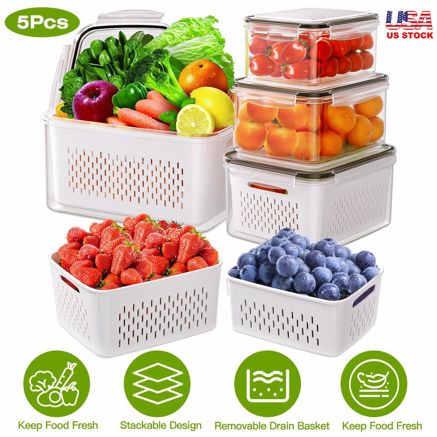 5Pcs Fruit Vegetable Containers with Removable Drain Basket Leakproof Lid Stackable Food Storage Organizer for Fridge Dishwasher Safe 