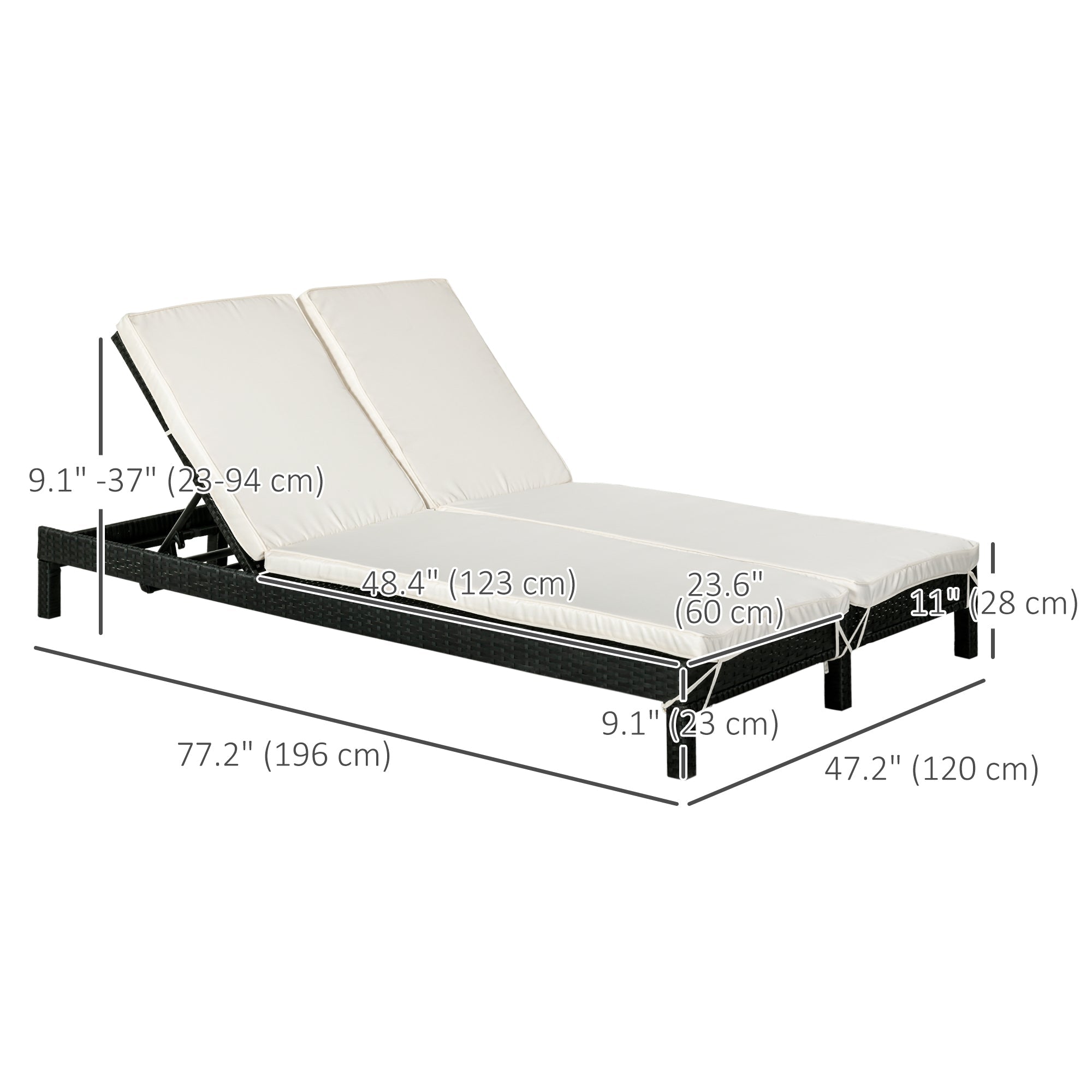 Outsunny Wicker Double Chaise Lounger Chair Outdoor Recliner 2 Person Rattan Patio Reclining Sunbed Furniture, Black, Cream White 