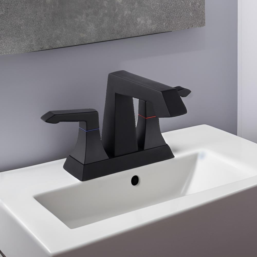 Modern Matte Black 2-Handle Bathroom Faucet with Drain and Supply Kit - Heavy Duty, Deck Mounted Lavatory Faucet 