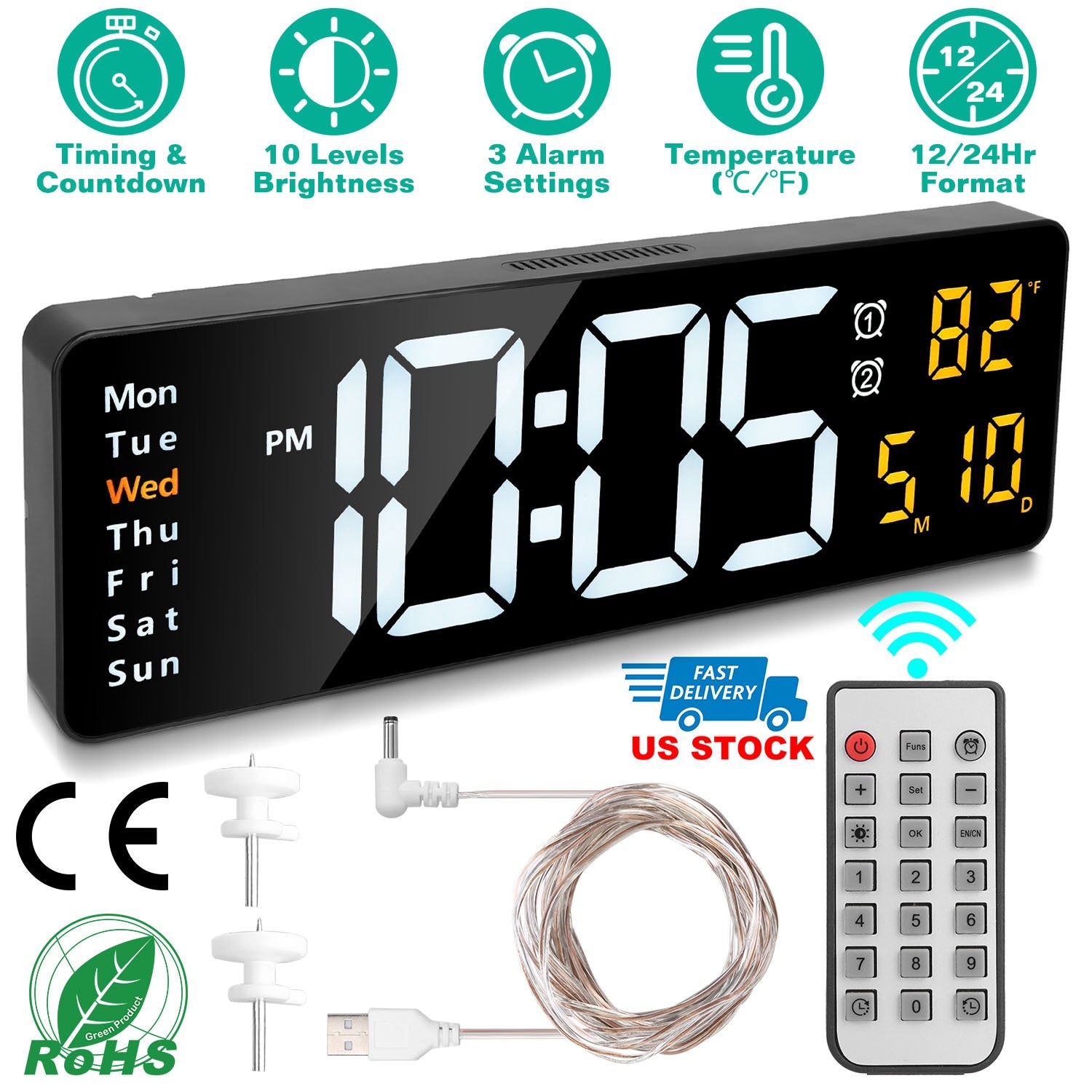 15.7in LED Digital Wall Clock with Remote Control 10 Level Brightness 3 Alarm Settings 12/24Hr Format Timing Countdown Temperature Calendar Display De