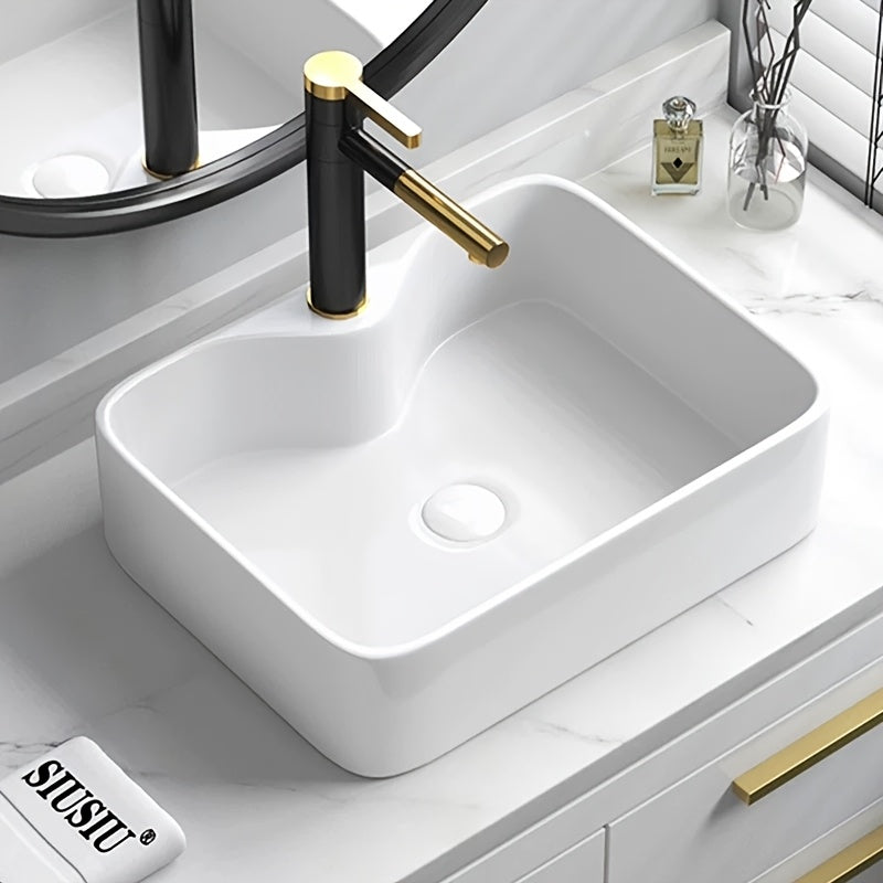 Modern Rectangular White Bathroom Sink with Golden Accents – Artistic Vanity Basin Featuring Black and Golden Faucets, Spacious Design for Contemporary Bathrooms, Stylish Washbasin | Sophisticated Style | Clean Lines, Bathr 