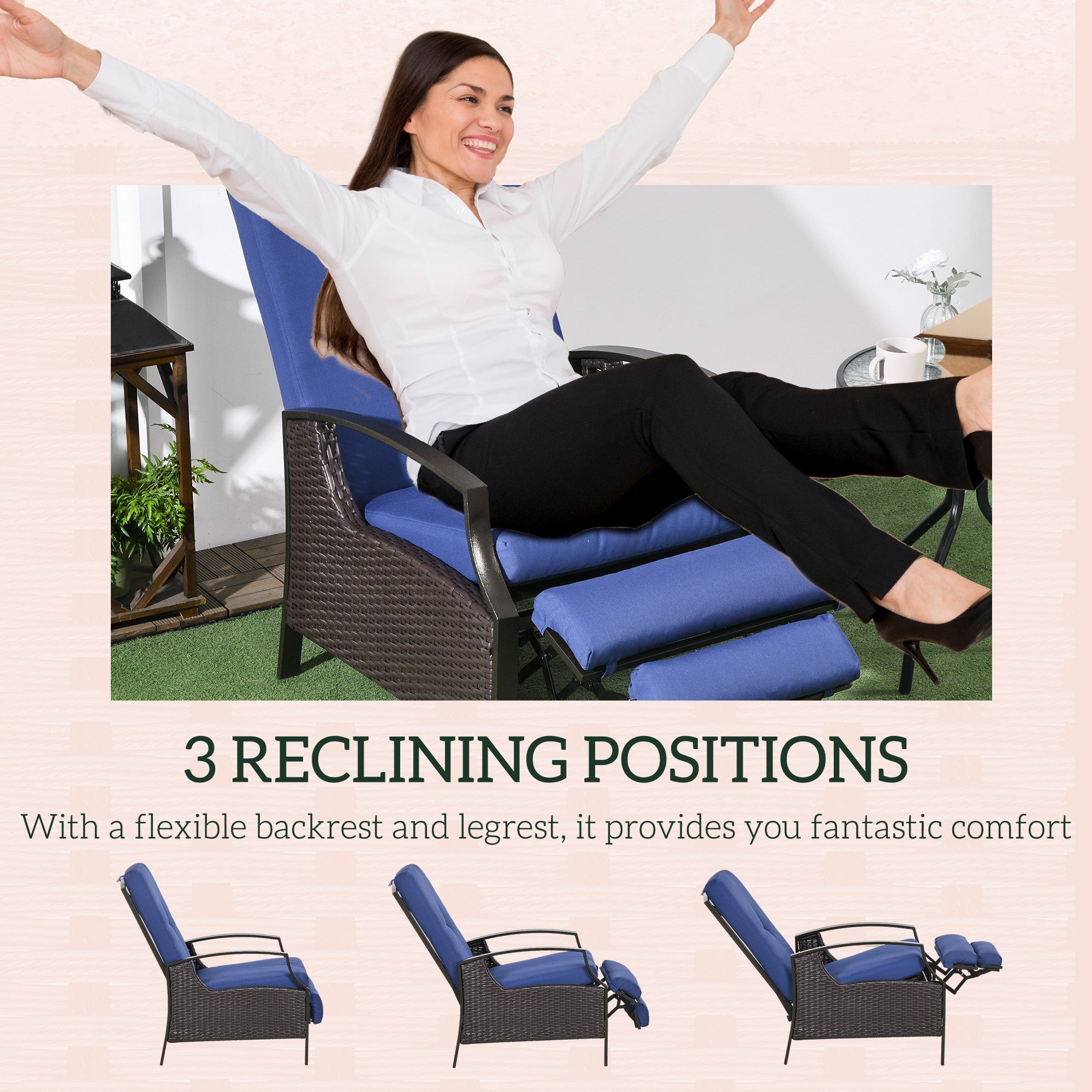 Outsunny Outdoor Rattan Recliner Chair, Wicker Reclining Chair with Adjustable Back Retractable Footrest Cushion Dark Blue 