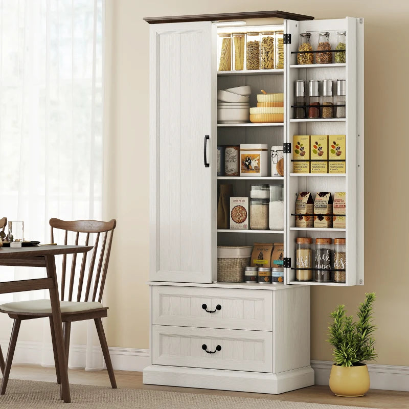 72" LED Kitchen Pantry Cabinet, Buffet Storage Cabinet with 10 Door Shelves, 2 Drawers and Adjustable Shelves, White