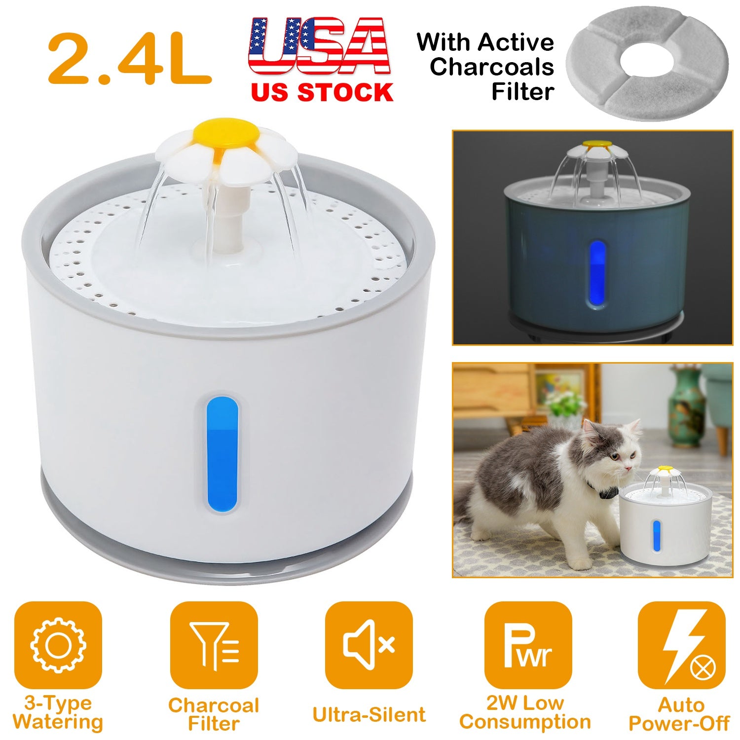 2.4L Automatic Dog Cat Water Fountain Electric LED Pet Flower Water Dispenser Ultra Silent Health Cat Waterer Auto Off Level Window