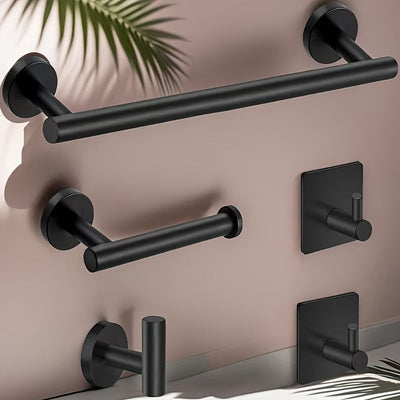 5pcs Black Gold/Golden/Matte/Black Bathroom Hardware Set Made of Stainless Steel, Round Wall Installation - Includes 14" Towel Rack, Toilet Paper Holder, 3 Bathrobe Hooks, Bathroom Accessories Set, Suitable for Hotel Home Kit 