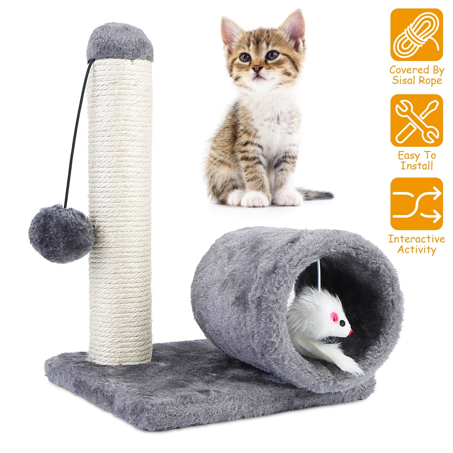 Cat Scratching Post Cat Kitten Sisal Scratch Post Toy w/ Tunnel & Lifelike Mouse Toy Pet Activity Play Fun 