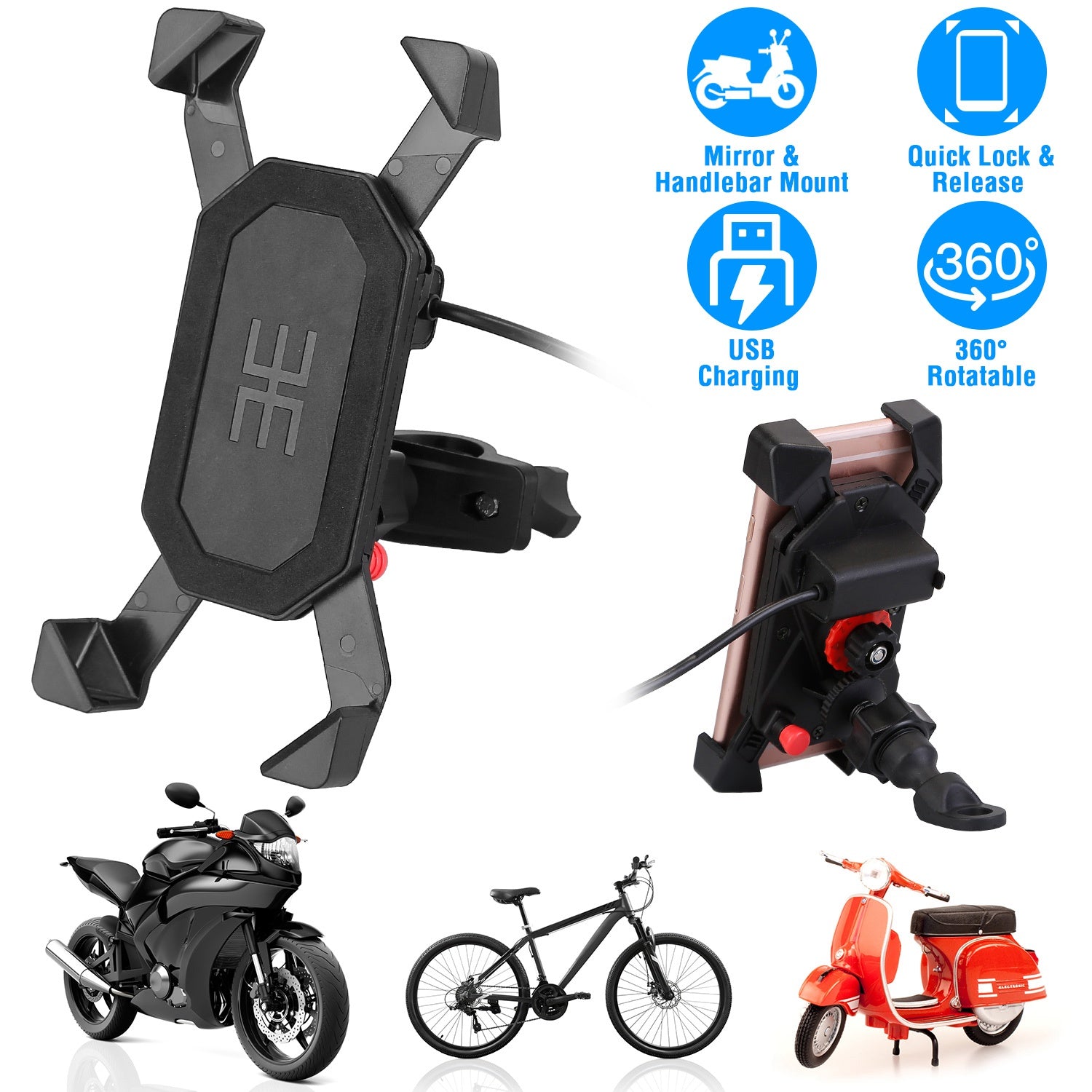 Handlebar Mirror Mobile Phone Holder Bicycle Bike Motorcycle Bracket Mount for 4in-6.5in Screen USB Rechargeable