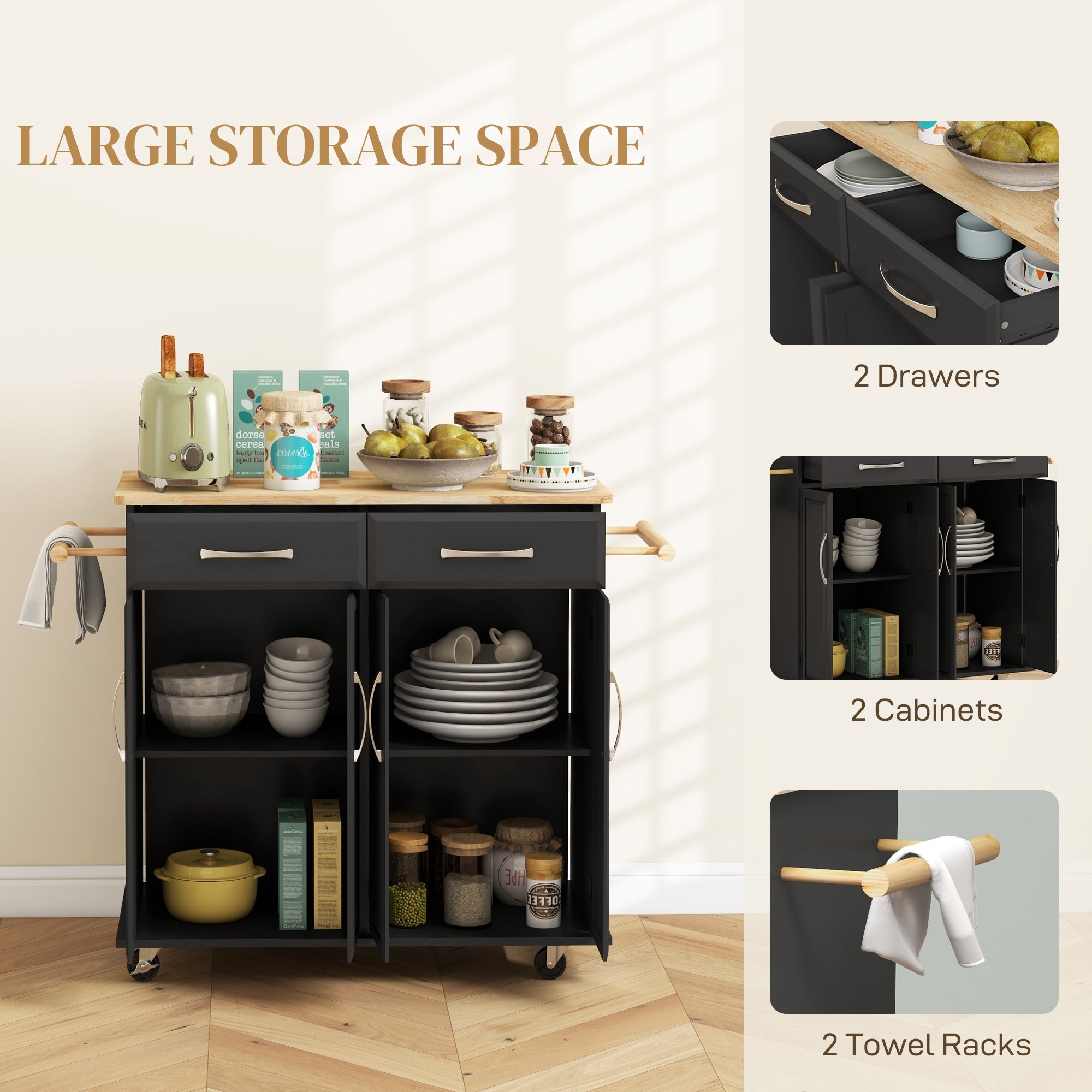 HOMCOM Kitchen Island on Wheels Rubberwood Top Rolling Cart 2 Drawers 4 Doors Adjustable Shelves Mobile Storage Furniture 