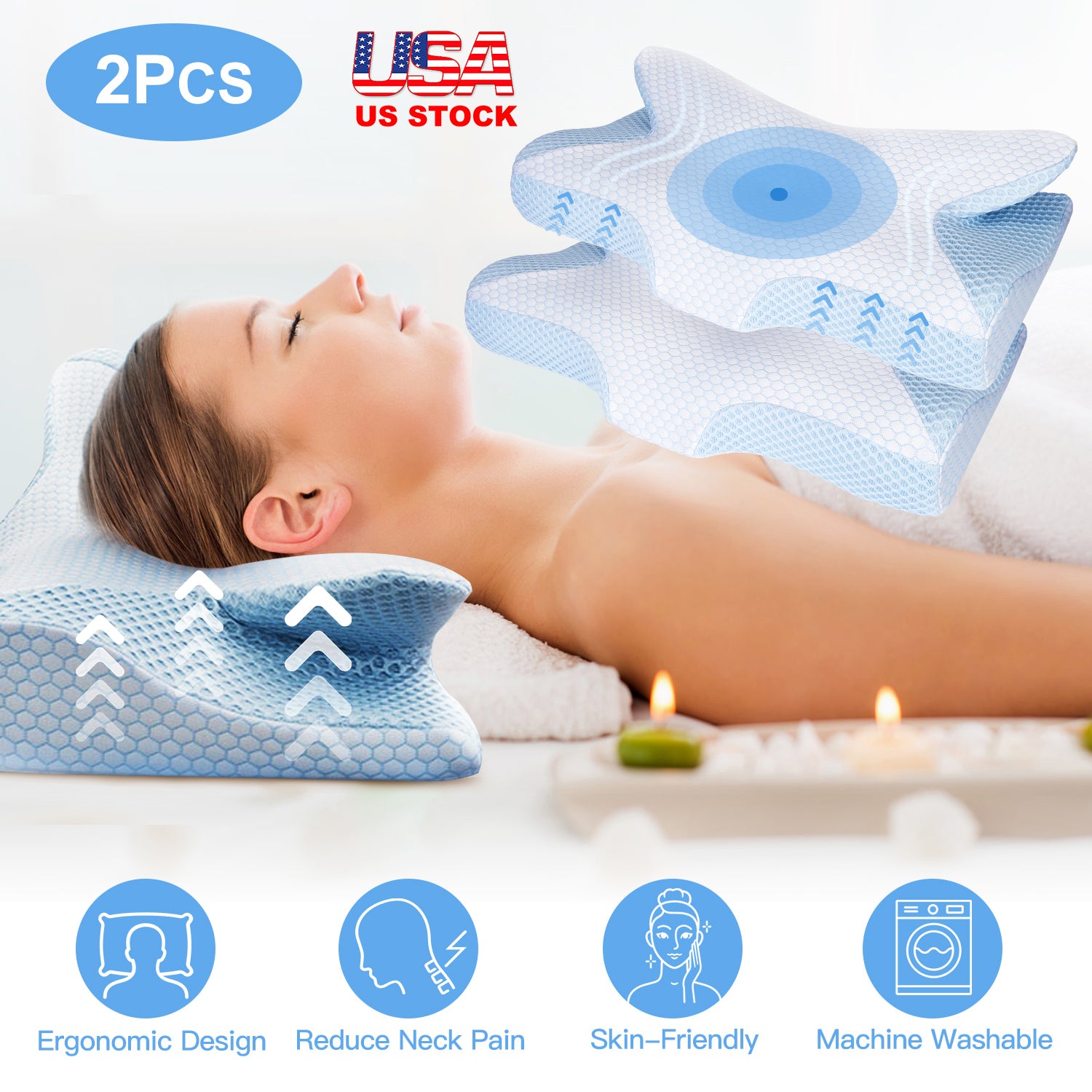 2Pcs Memory Foam Pillow Neck Support Pillow for Pain Relief Sleeping Ergonomic Contour Orthopedic Support Side Back Stomach Sleeper